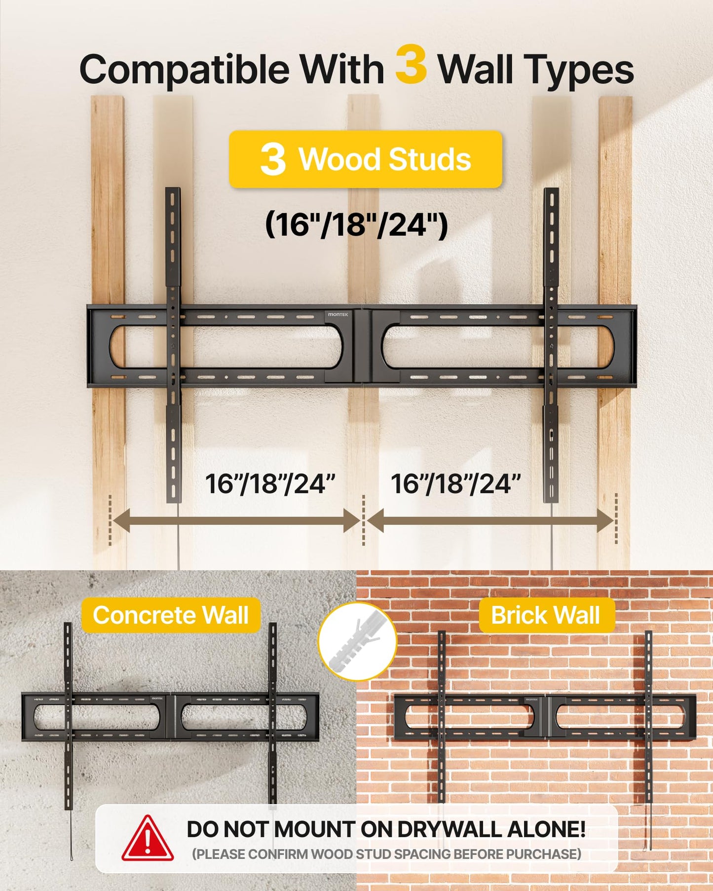 monTEK Heavy Duty XXL Fixed TV Wall Mount for 37–140" Flat & Curved TVs up to 300 lbs, 4× Load Tested, 1.25" Ultra Slim Low Profile Bracket, Fits 16"/18"/24" Wood Studs,VESA 1200×800mm