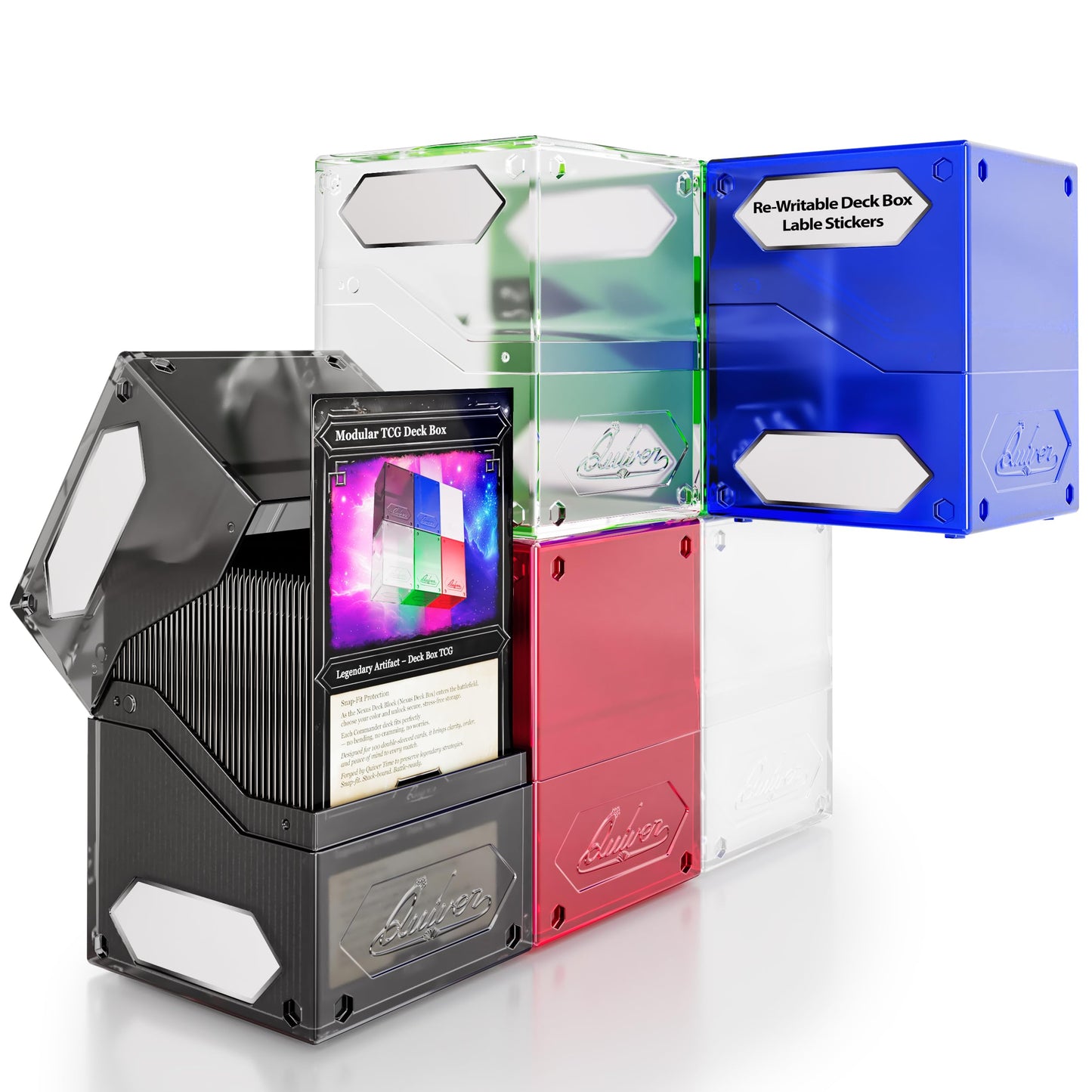 Quiver Time 360° Modular Nexus DeckBlock - Durable Stackable MTG Deck Box for Commander fits 100+ Cards | Stylish 100 Card Deck Box MTG | Interchangeable TCG Decks Boxes (6 pcs, WUBRG + Clear)