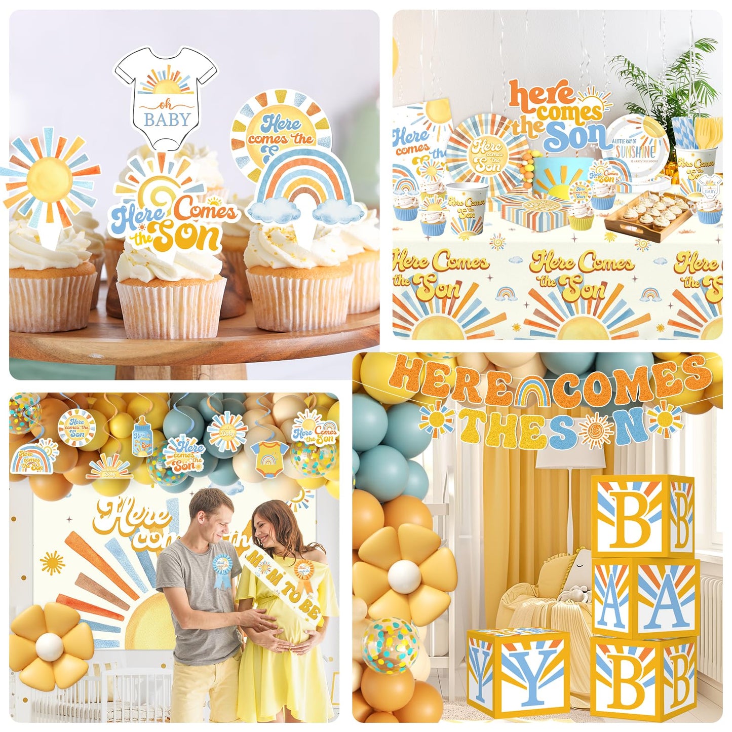 Here Comes the Son Baby Shower Decor for Boy, All-in-1 Boho Retro Sunshine Baby Shower Decorations with Balloon Arch Baby Boxes Rainbow Plates Napkins Cake Topper Tablecloth Backdrop It’s A Boy Decor
