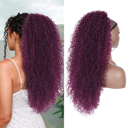 Alebery 27 Inch Drawstring Ponytail Extension for Black Women Deep Curly Ponytail Extension Synthetic Mixed with Human Hair Hairpieces Afro Kinky Curly Pony Tail for Daily Use (Rose Purple)