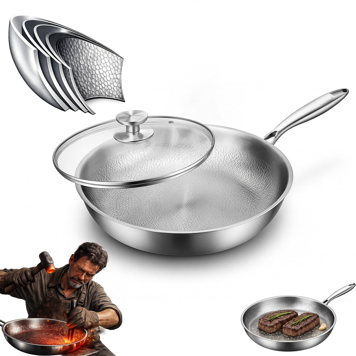 LIBSTP Pure Titanium Hammered Frying Pan with Lid, 10 Inch Skillet, No Coating Cookware, Even Heat, Scratch Resistant, Oven Safe, for Steak, Eggs, Salmon, Gas Electric Induction