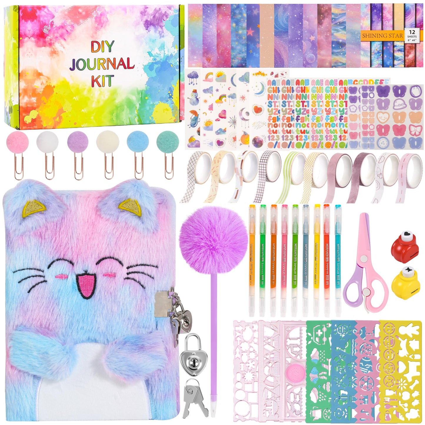 LiYiQ Plush Axolotl Diary Gift for Girls Kids Travel Journal Secret Diary with Scrapbook Paper Stickers Journal Stencils Pompom Pen and Washi Tape Practical Set Gift for Birthday Christma (Cat)