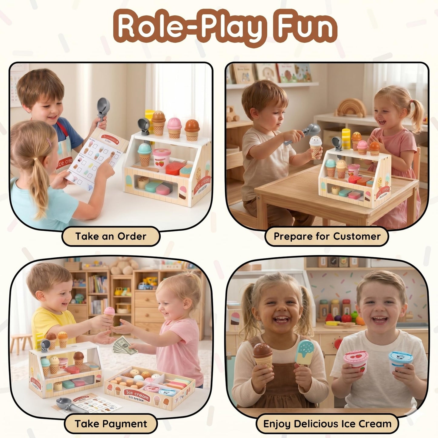 WHOHOLL Wooden Ice Cream Counter Playset for Toddler Girl Toys, 45 Pcs Play Store Pretend Toy Food Play Kitchen Accessories with Scoop & Fake Money, Christmas Birthday Gifts for 3 4 5 6