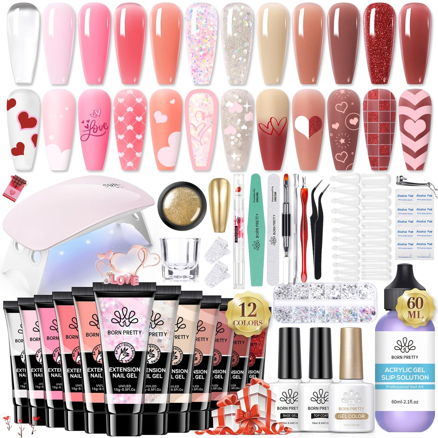 BORN PRETTY Poly Extension Gel Kit-12 Colors Extension Nail Gel Kit Nude Clear Jelly Pink All-In-1 Kit Builder Glue Gel with Nail Lamp Base Top Coat Set Nail Forms French Manicure Ideal Gifts