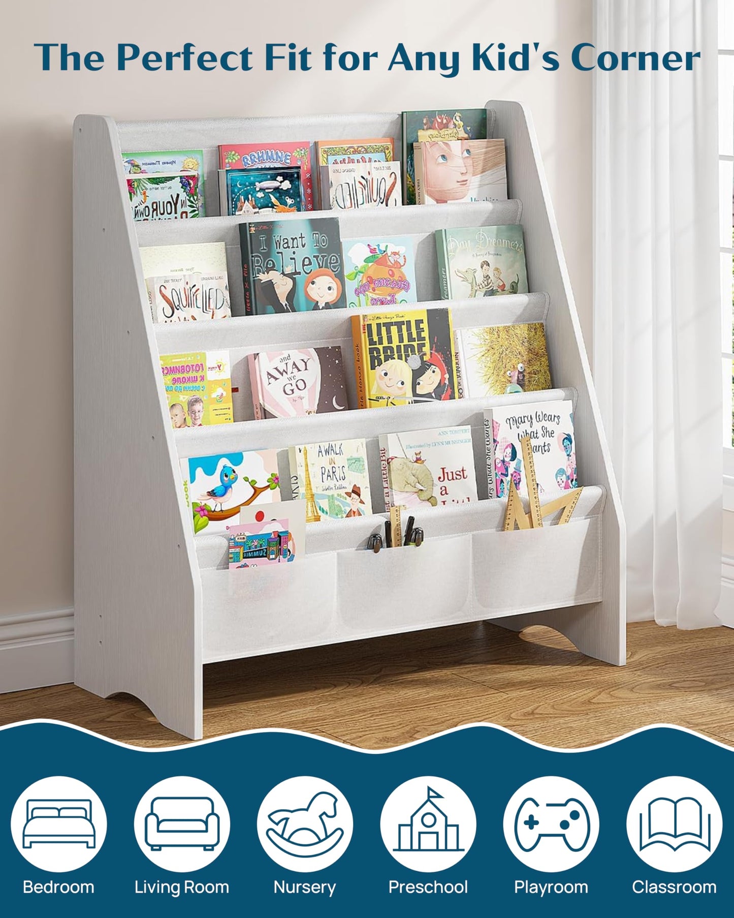 SEIRIONE Sturdy Kids Bookshelf,4-Tier Book Shelf for Kids Room with Tear-Proof Oxford Fabric-Nursery Room Playroom Classroom,Deep Slings to Keep Books Upright,Ideal Height for Toddler Age 3+, White