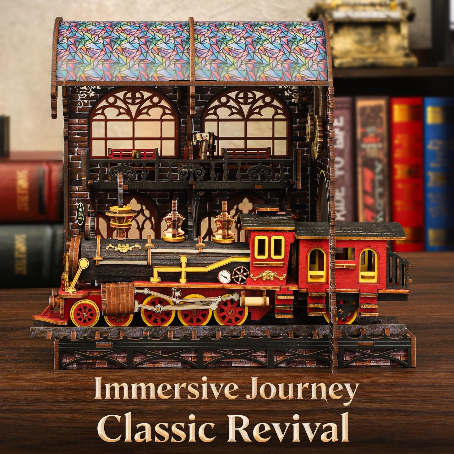 Book Nook Kit - DIY Book Nook Kits for Adults and Teens, 3D Puzzle Miniature House Kit with LED Lights, Elegant Wooden Book Stand Insert Decoration (Magic Station)