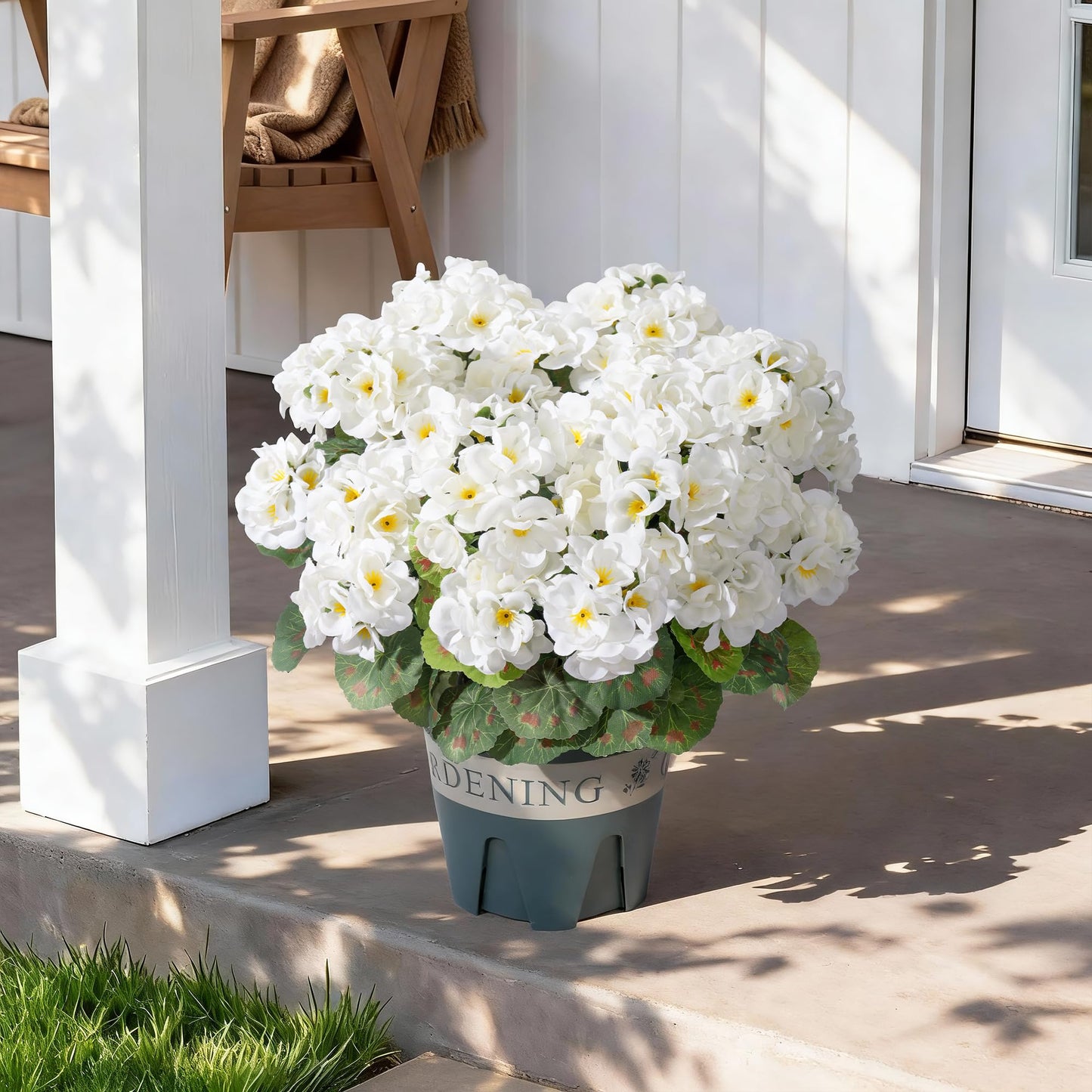 Geraniums Artificial Flowers for Outdoors, 2 Pack Potted Plants White Faux Geraniums Bush Artificial Topiaries Realistic UV Resistant Fake Flowers Plants for Planters Outside Gardens Front Door Indoor
