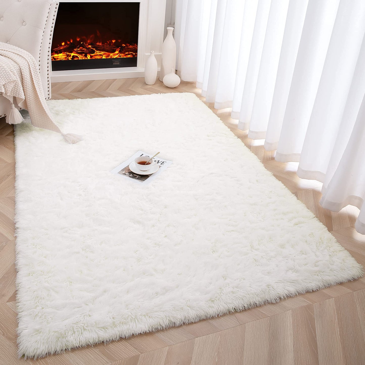 Foxmas Large Area Rugs for Living Room Bedroom 6x9 Feet, Fluffy Kids Room Plush Shaggy Nursery Rug Furry Throw Carpets for Boys Girls, College Dorm Fuzzy Rugs Home Decorate Rug, Cream