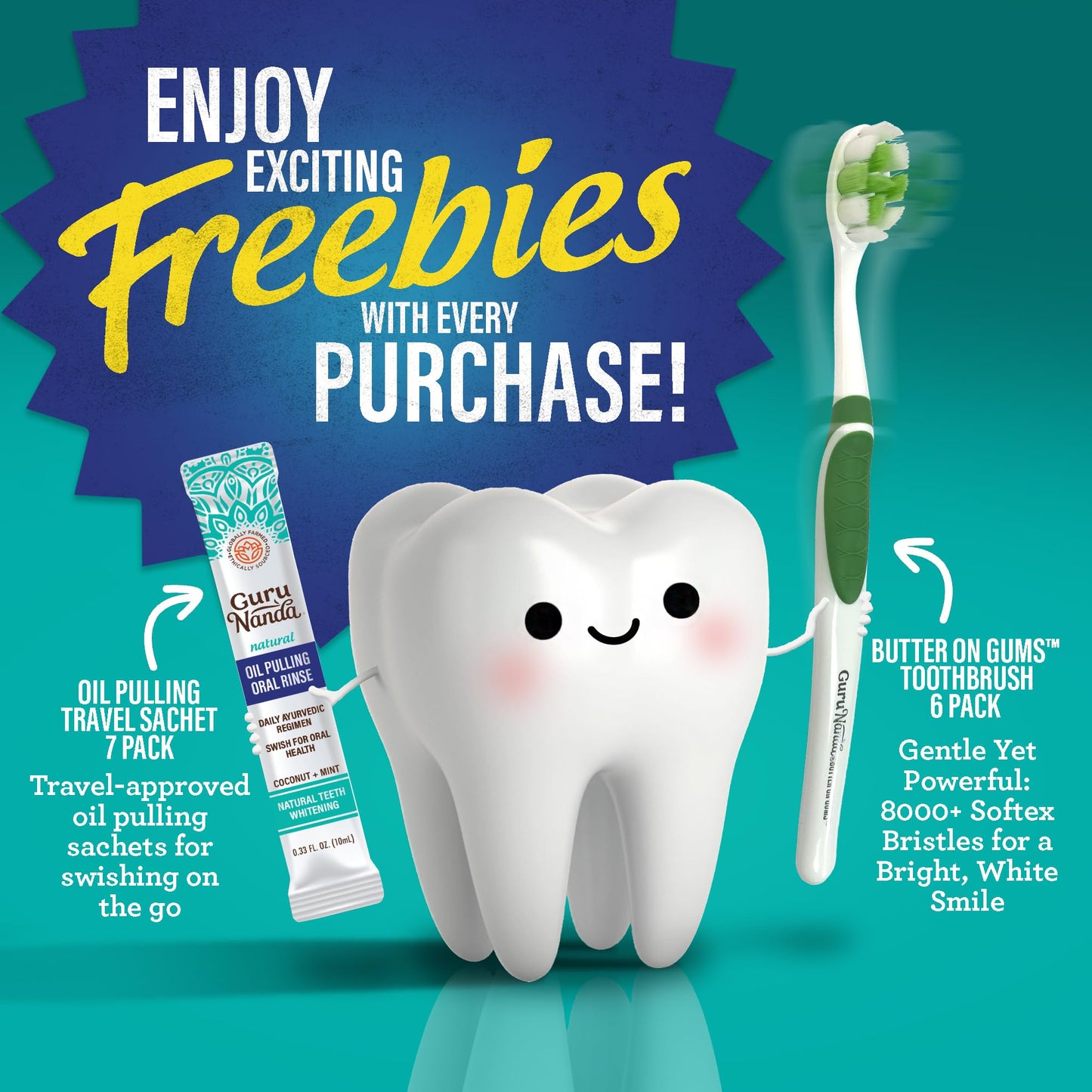 GuruNanda Total Smile Makeover Kit Regular with Cocomint Oil Pulling, Dual Barrel Whitening Mouthwash, Whitening Strips & Butter on Gums Toothbrushes