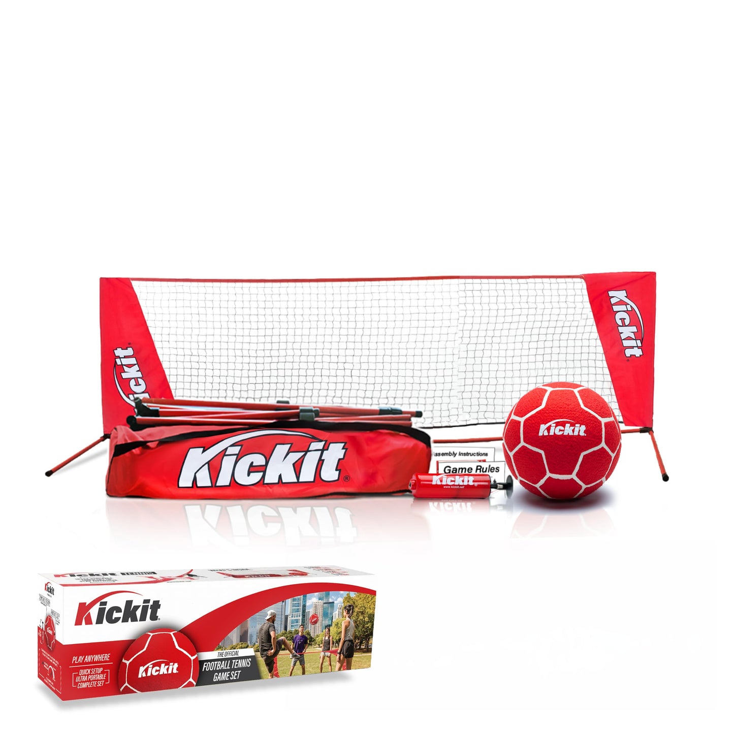 KickIt Soccer Tennis Game Set, Portable 6.5' Wide x 2' High Net with Soft Lightweight Ball, Red, Metal, Complete Skills Training, Outdoors Indoors Backyard Beach, Travel Friendly, Ages 7+