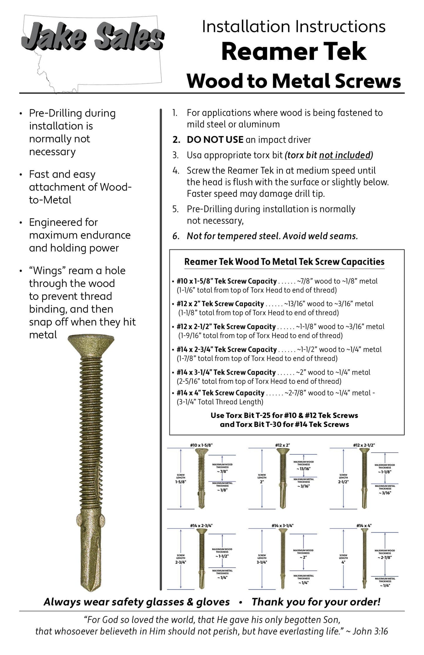 Jake Sales #10x1-5/8 Reamer Tek Torx/Star Head Self-Drilling Wood to Metal Screws - for Flatbeds, Trailers or Fastening Wood to Steel -T-25 Torx Screw Head (5 POUNDS 565 Approx. Screw Count)