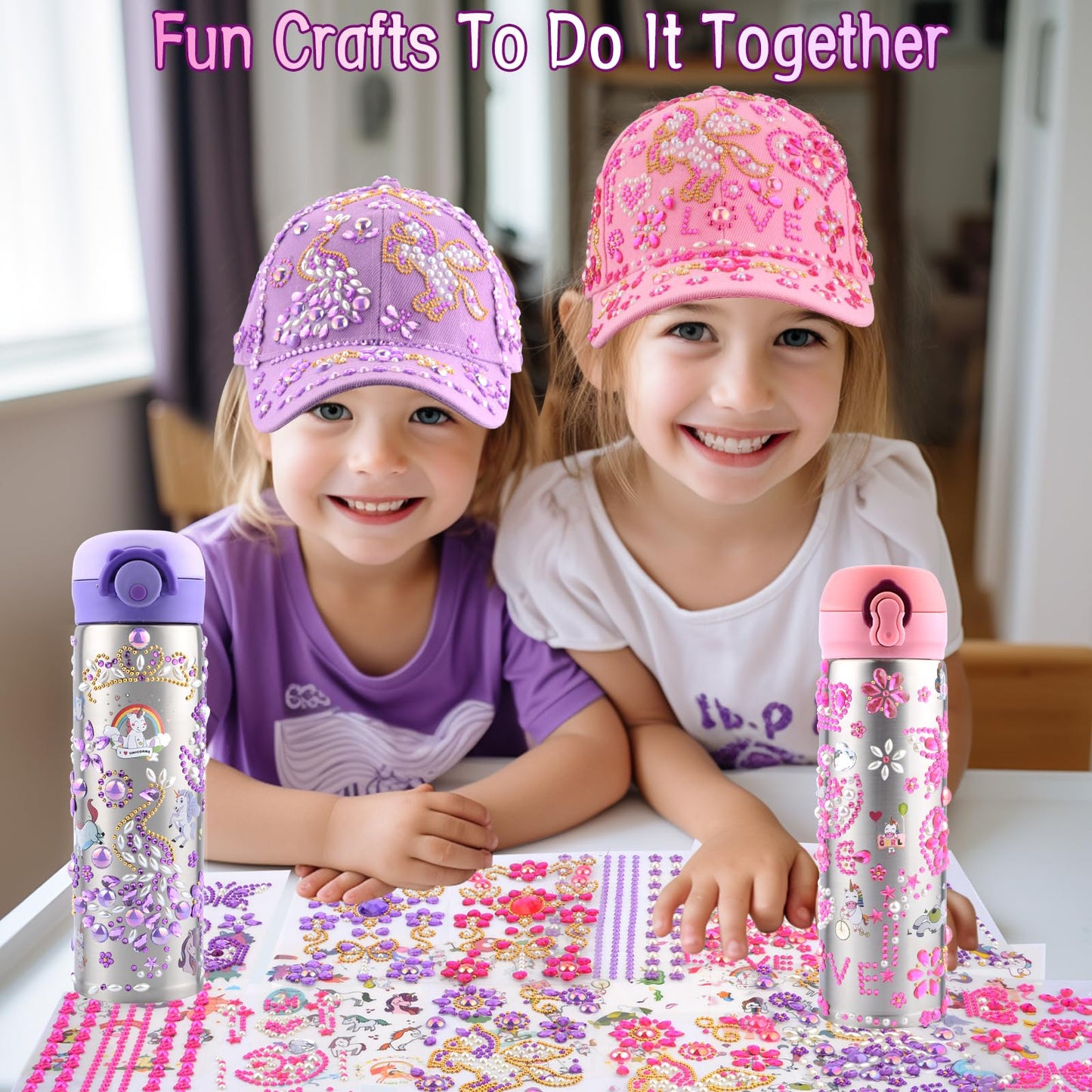 Distasio Unicorn Water Bottles Girls Personalized Water Bottles Kids, Decorate Your Own Water Bottle Baseball Cap w/ 18 Sheets of Unicorn Stickers and Glitter Gems Gifts Girls 6-12 Year Old