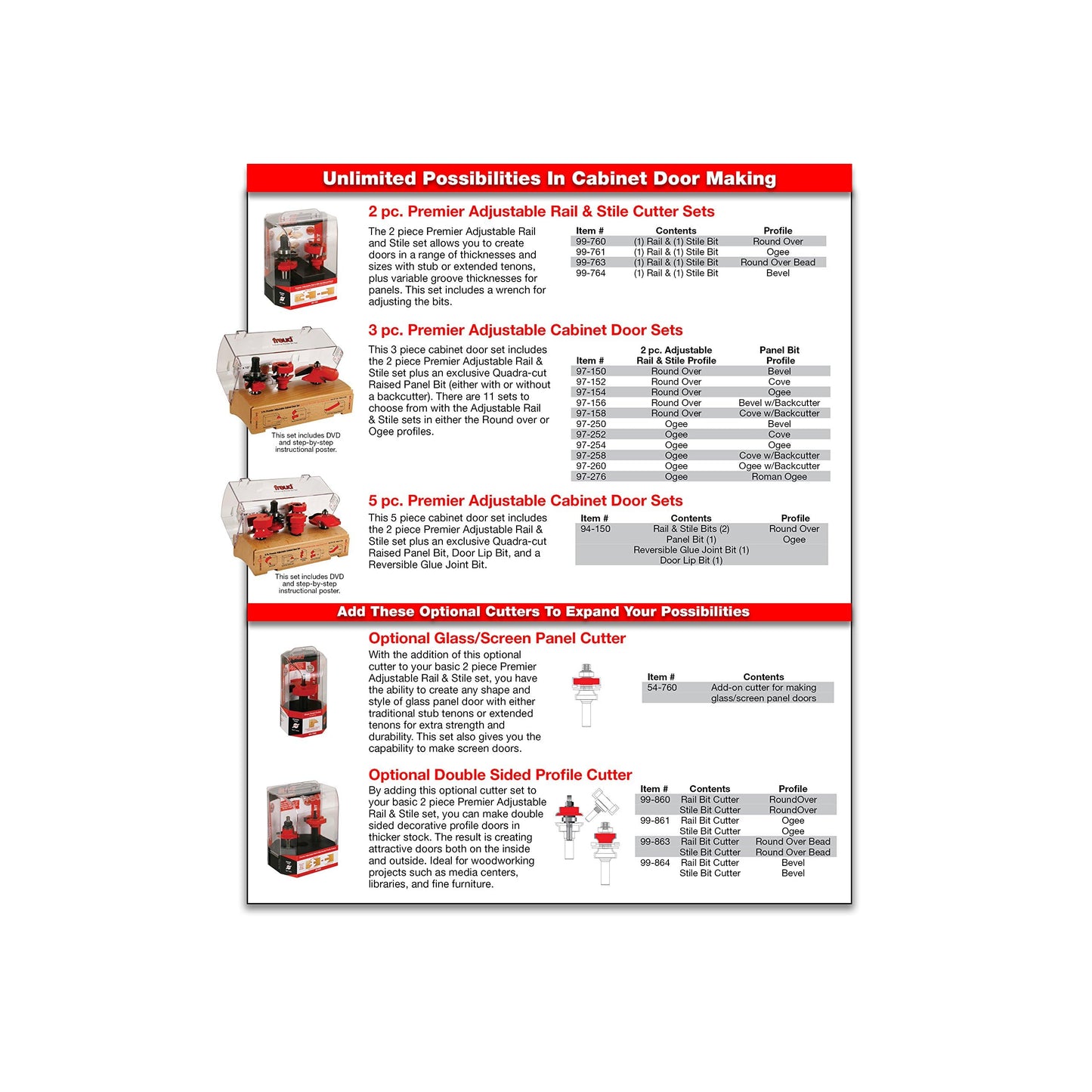 Freud Premier Adjustable Rail & Stile Bit - Ideal for Doors, Windows, Veneered Plywood, Hardwoods & Softwoods - 1-11/16" Diameter, 1/2" Shank - 99-762