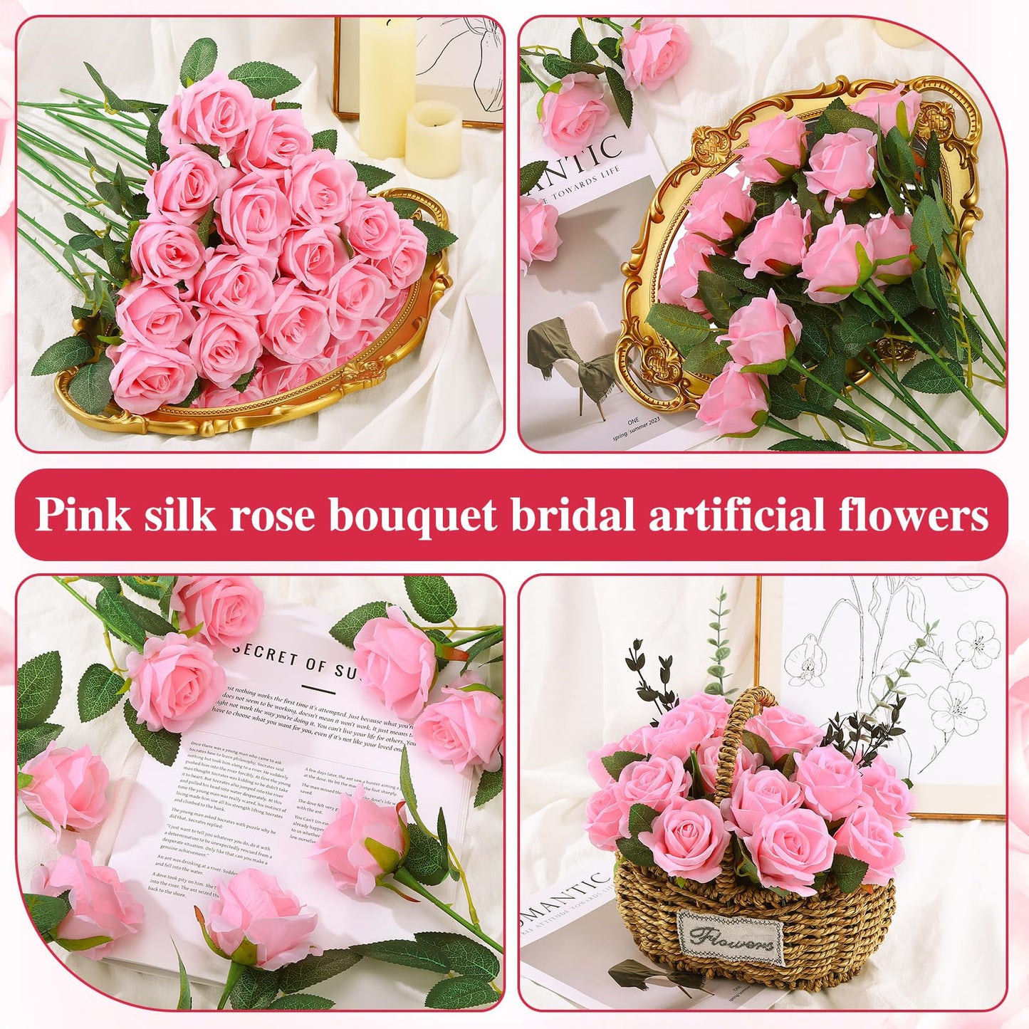 Ovveroche 80 Pcs Roses Artificial Flowers, Silk Pink Artificial Flowers Petals Long Stem Roses for Wedding Bouquet Home Party Decor