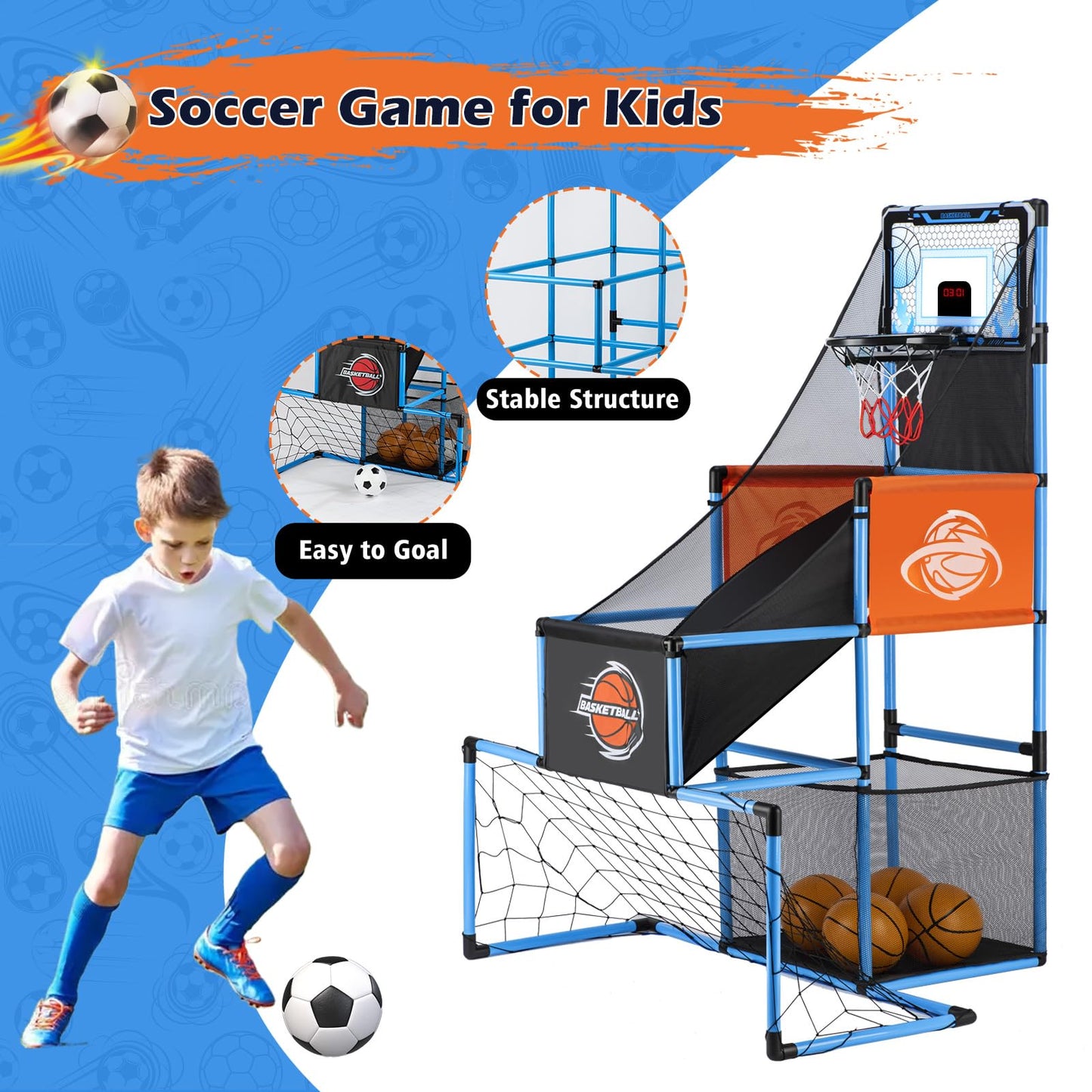 2 in 1 Basketball Arcade Game & Soccer Goal for Kids, Adjustable Kid Basketball Hoop with 6 Balls and Pump, Indoor Outdoor Games for Kid Toys for 3-12 Year Old Kids Birthday Gifts for Boys Girls