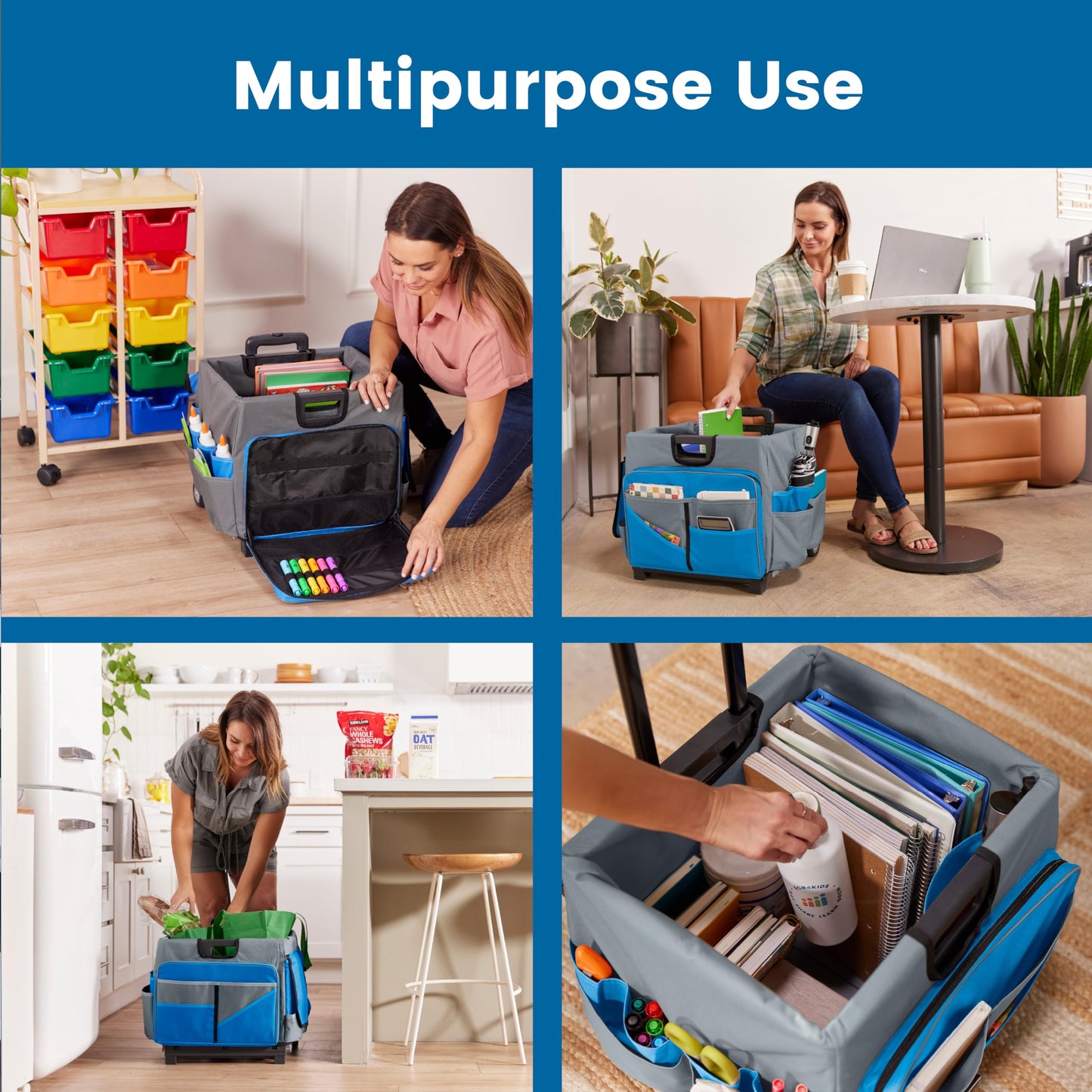 ECR4Kids Universal Rolling Cart with Canvas Organizer Bag, Mobile Storage, Blue/Grey