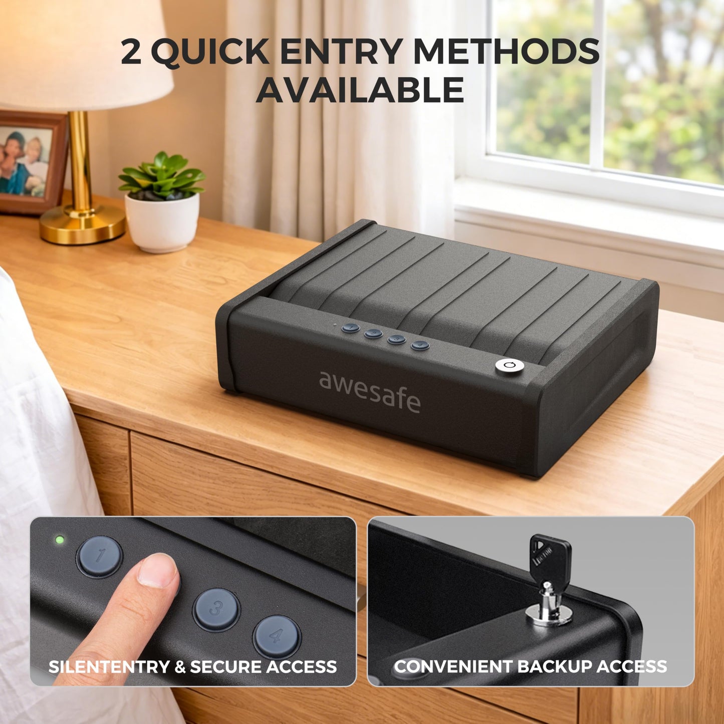 awesafe Biometric Gun Safe for Pistol, 2 Ways Quick Access Handgun Safe with Backlit Digital PIN Key, Portable Car Gun Safe, Gun Lock Box with Gas Strutfor Nightstand Bedside Cloakroom Living Room