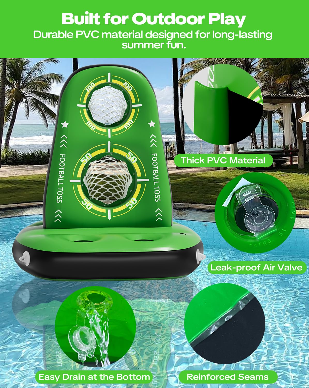 Qmioti Inflatable Football Toss Game for Pool, Floating Football Target with 4 Water Footballs & 2 Pumps, Stable Base, Outdoor Pool Games for Kids & Adults