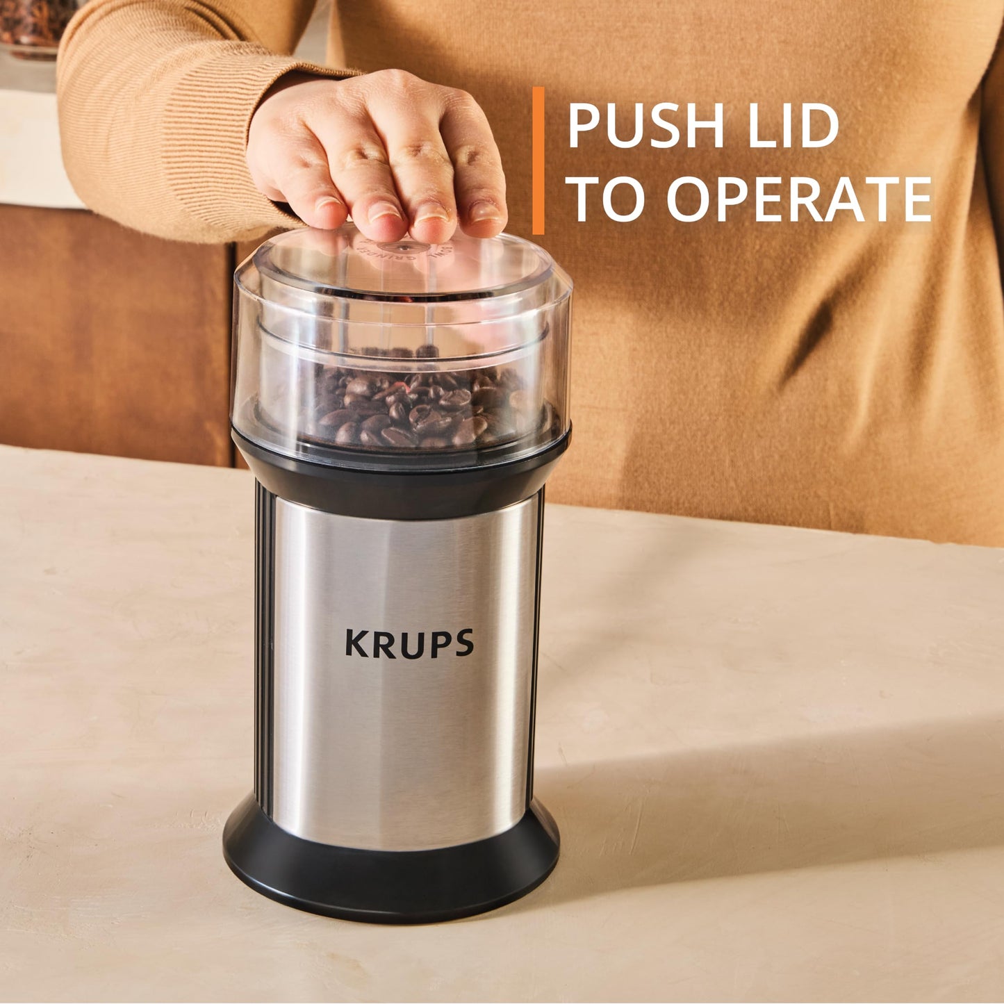 KRUPS Electric Blade Coffee Grinder 1.6 Oz, Adjustable Coarse to Fine for the Perfect Espresso, Grind Coffee Beans, Spices & Herbs, Removable Dishwasher Safe Bowl, Stainless Steel