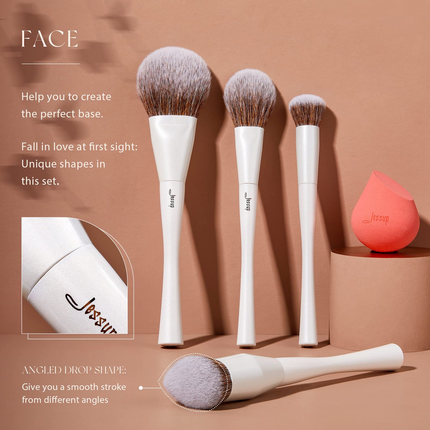 Jessup Makeup Brushes Set 14pcs Highend Makeup Gift Set for Women Include Foundation Concealer Blush Contour Powder Eye Shadow Brush, Makeup Sponge, Makeup Brush Cleaner and Towel, Pearl White T333