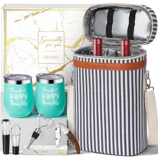Birthday Gifts for Women Men - Mothers Day Wine Gift Baskets For Woman Mom, Her, Women, Friend, Wine Lovers, Self Care Package, Insulated Wines Tote Bag Carrier w/ Tumblers & Wines Accessories Set
