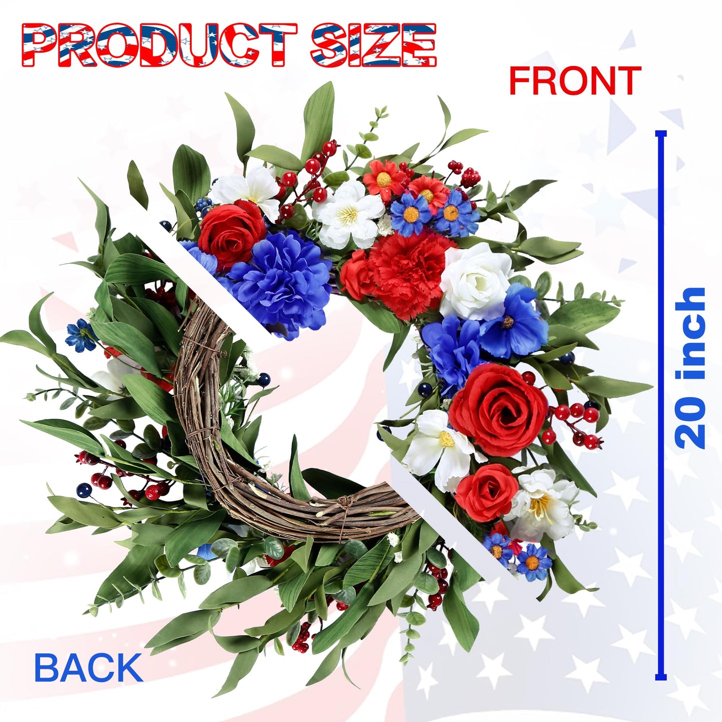 Sggvecsy 20Inch 4th of July Patriotic Day Wreath for Front Door with Artificial Floral Red Blue White Flower Roses Hydrangea Daisy Patriotic Decorations for Memorial Day Independence Day Veterans Day