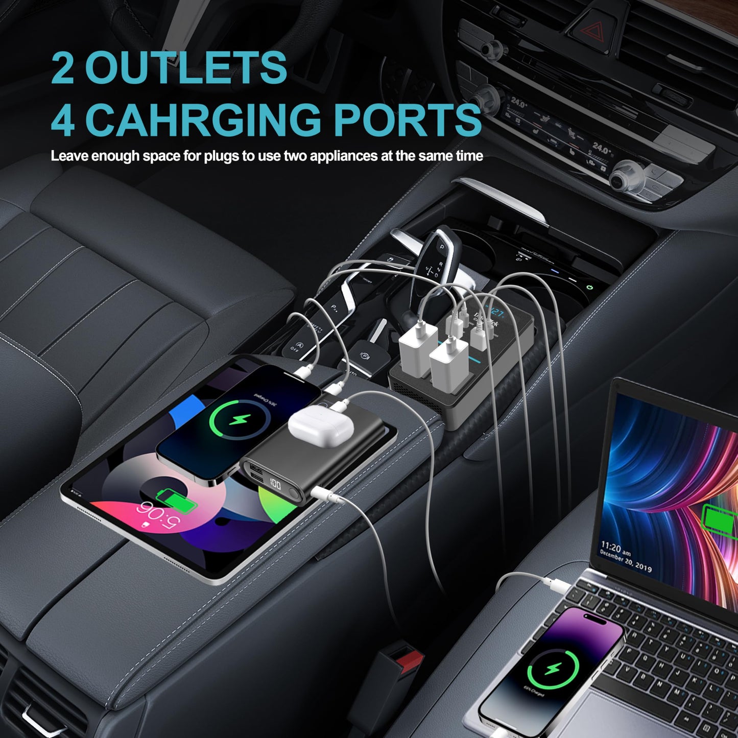 300W Car Power Inverter - Dual DC to AC Plug Adapter Outlets, 65W USB-C Fast Charging, 24W USB-C & 3.0 USB-A Ports, Portable Car Charger with Switch Control Converter for Laptops, Phones