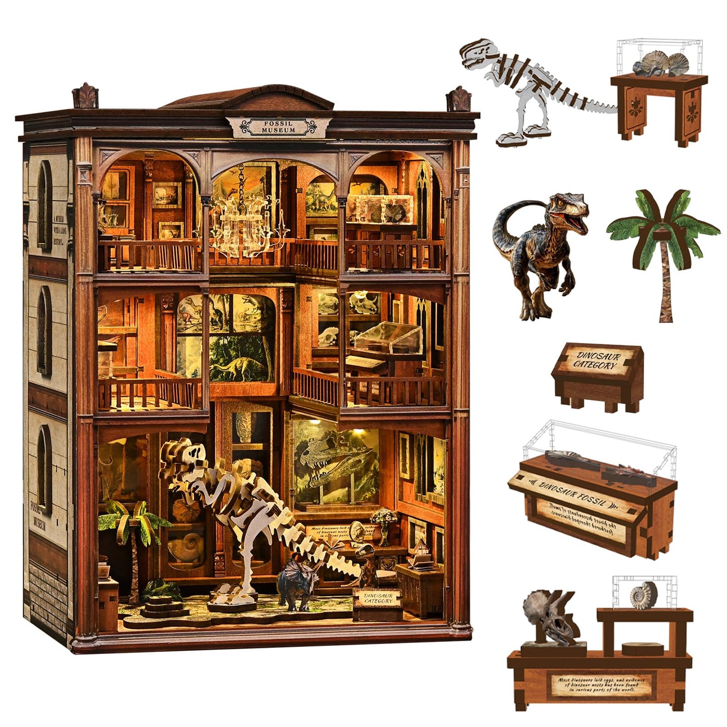 3D Puzzles for Adults DIY Book Nook Kit - Wooden Bookshelf Decor Miniature House Kit, Book Nook for Bookshelf with LED Light, Dinosaur Fossil Museum Bookend Craft Gift for Teens
