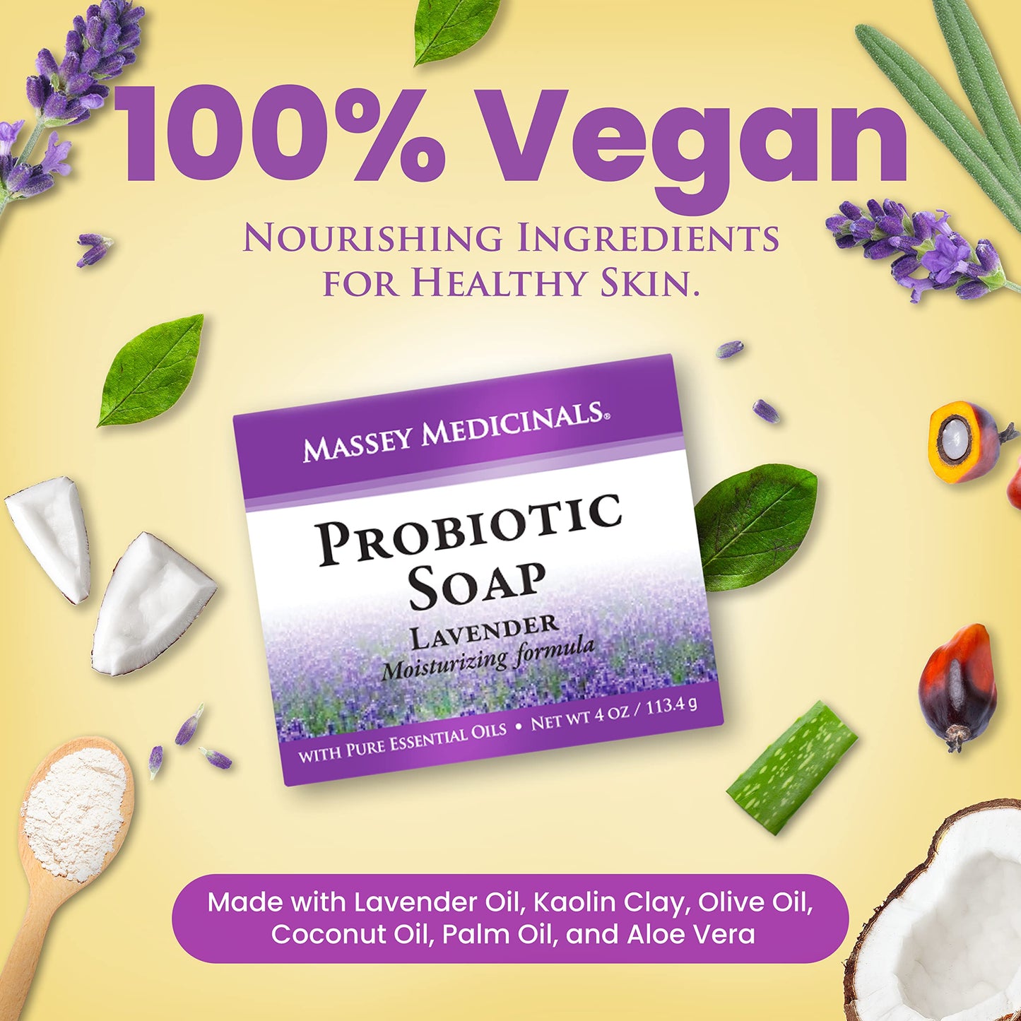 Candida Freedom Massey's Natural Probiotic Soap Bar - Lavender Scented - For Men and Women of All Ages - Refreshing Body Essential with 100% Natural Ingredients - 4oz Bar (Pack of 3)