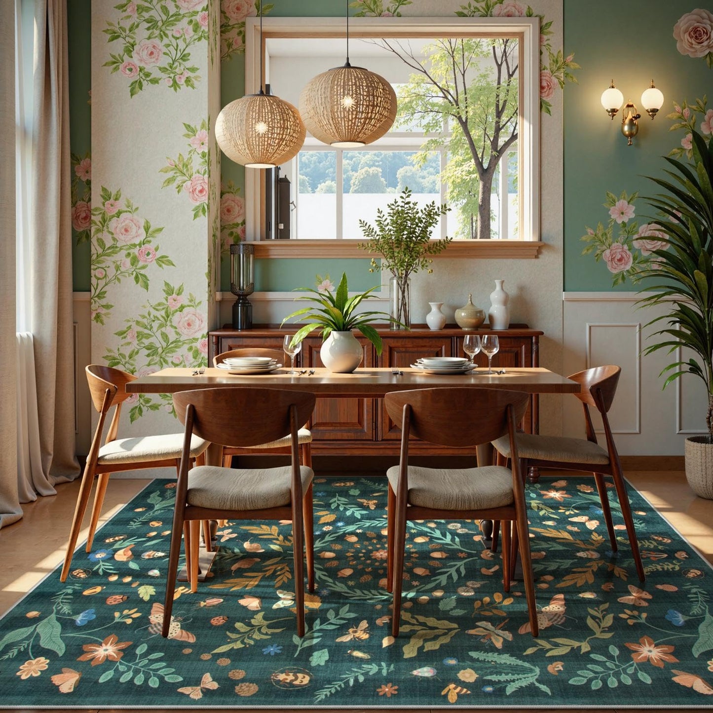 Lahome Insect Botanical Washable 5x7 Area Rugs for Living Room, Non Slip Green Rug for Bedroom, Boho Indoor Throw Dining Room Carpet for Under Table Entryway Kitchen Office(Dark Green,5x7)