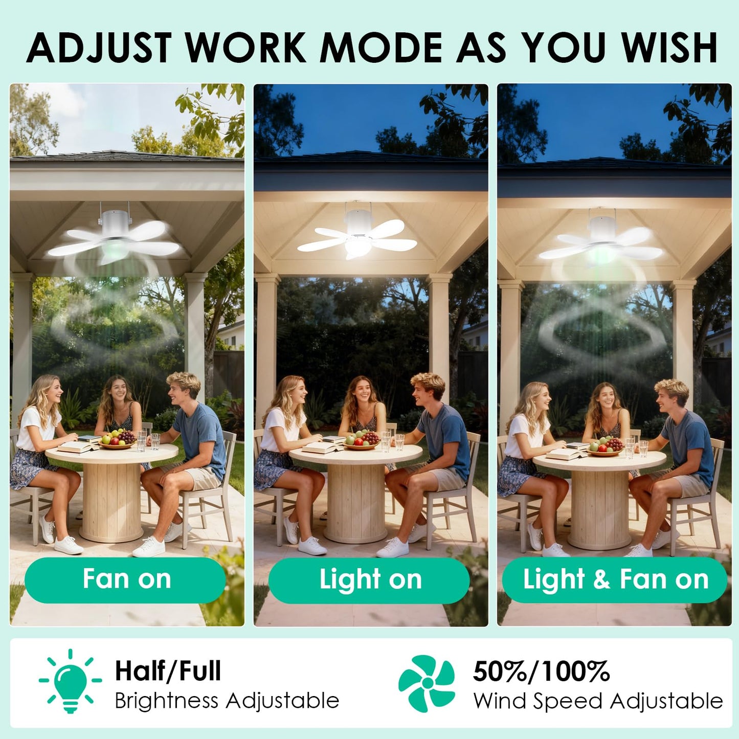 ZIZIWIN 21” Solar Ceiling Fan Light, 30W Solar Powered Portable Gazebo Fan with Remote, Wireless Battery Operated Ceiling Fan Light Outdoor, for Camping RVs Tent Patio Canopy Chicken Coop Outside