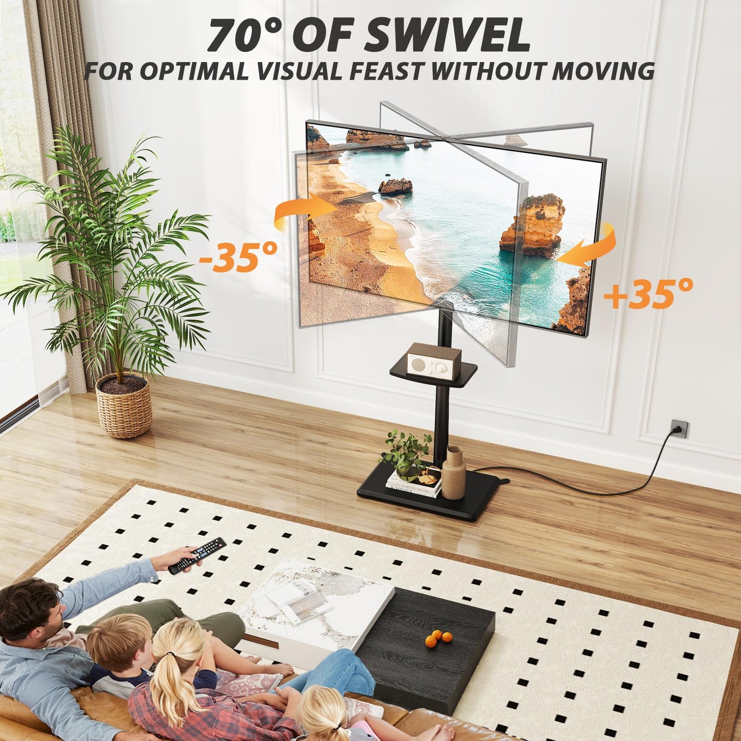 TVON Floor TV Stand with Power Outlet, TV Mount Stand for 32-60 inch TVs up to 88 lbs, Swivel TV Stand Mount with Height Adjustment and Safety Wood Base for Office, Corner, Max VESA 400x400mm