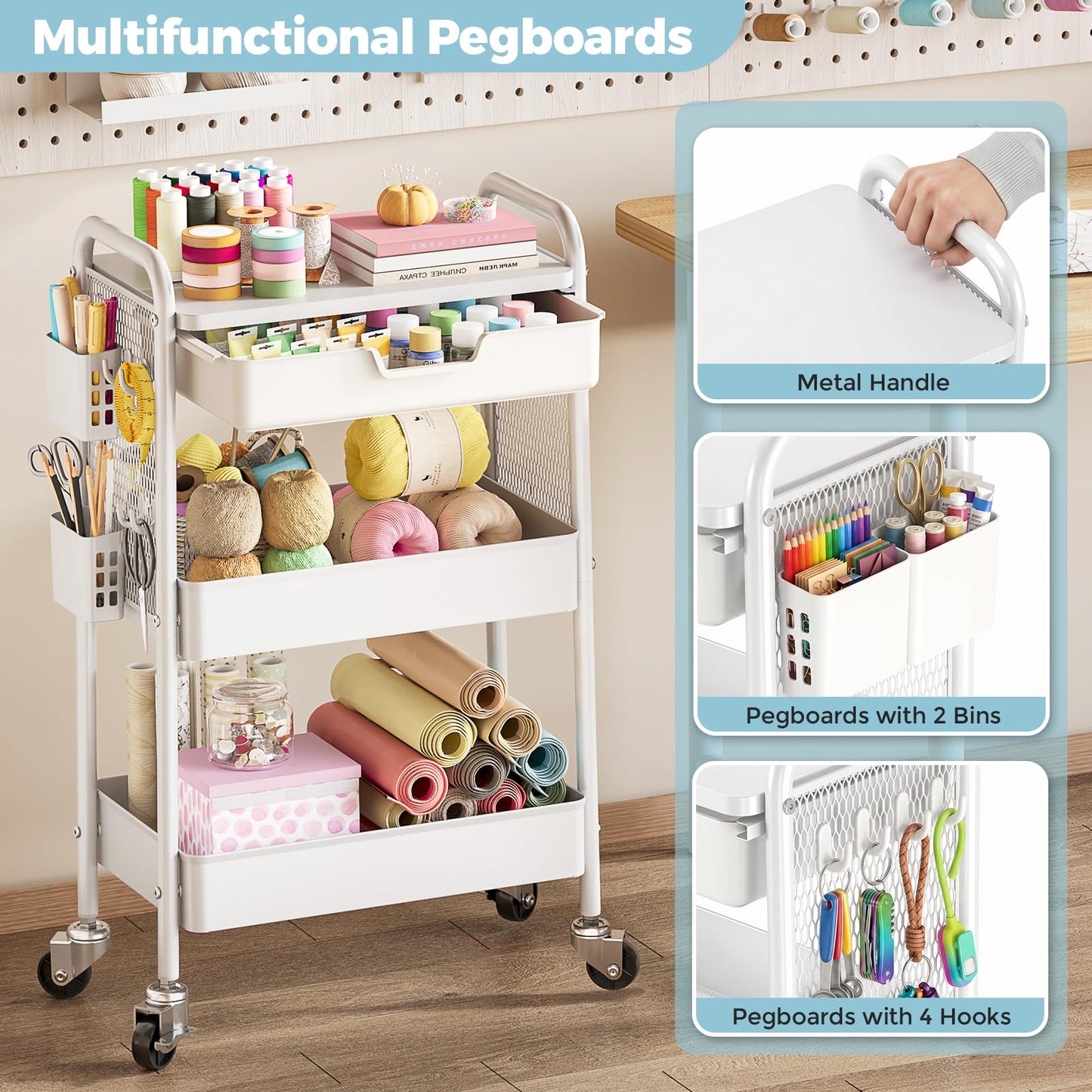 3 Tier Metal Rolling Utility Cart with Drawer & Pegboard - Multifunctional Storage Cart on Wheels with Tabletop, Hooks & Basket, Sturdy Craft & Art Cart for Bathroom, Bedroom, Children Room, White
