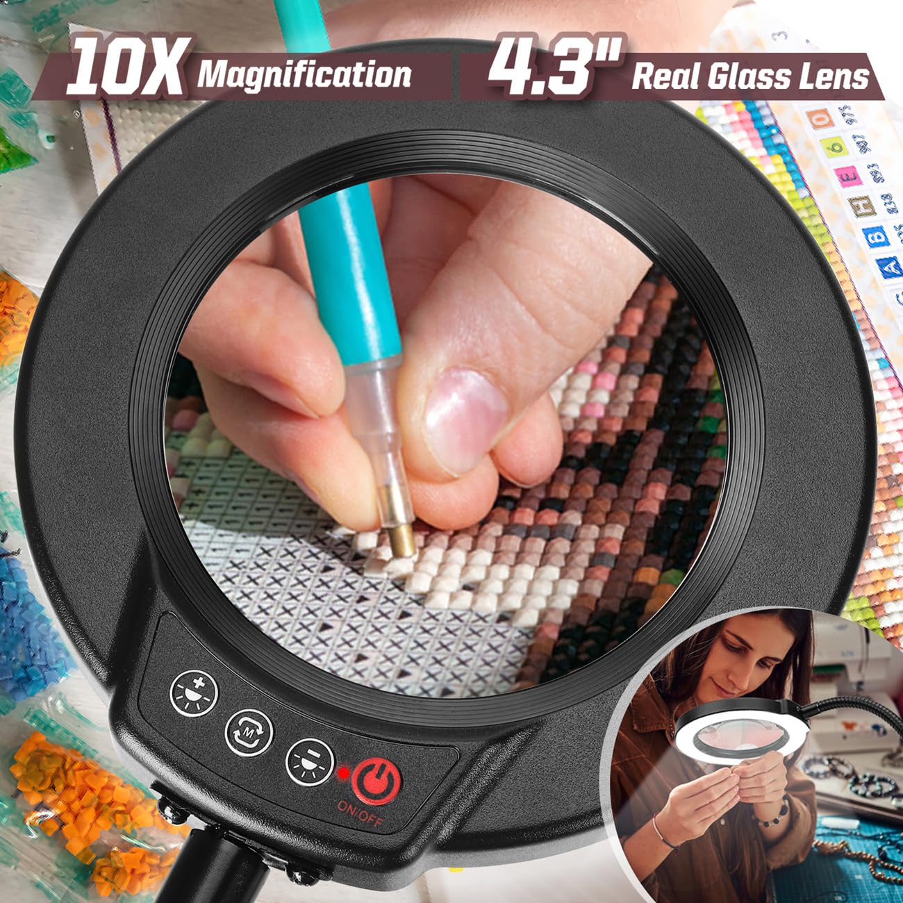 Krstlv 10X Magnifying Glass with Light and Stand, 16.5in Flexible Goose-Neck, 5 Color Modes Stepless Dimmable LED Lighted Desk Lamp, Hands Free Magnifier for Crafting Hobby Painting Close Work - Black
