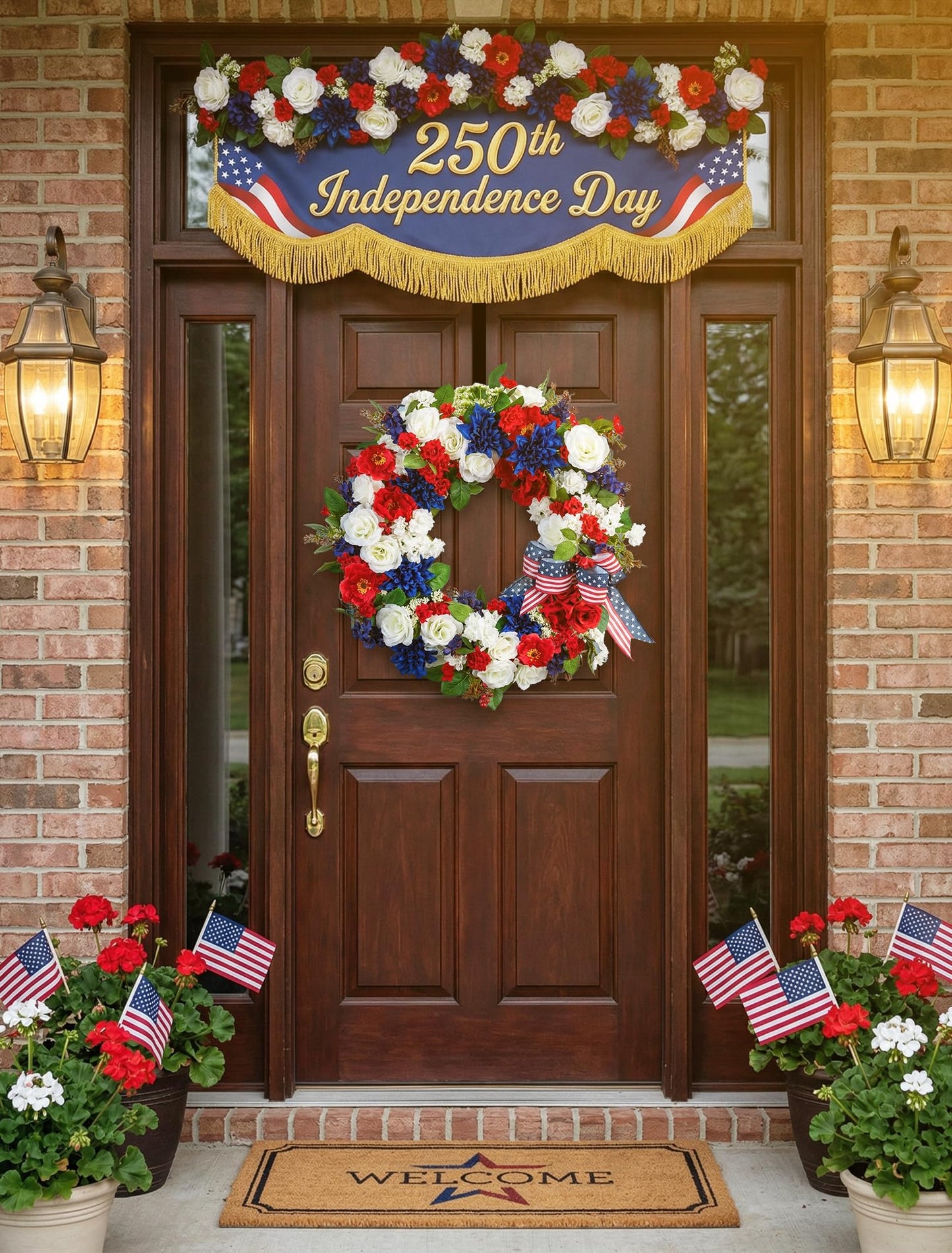 BLOSMON 4th of July Patriotic Wreath: Front Door 24 Inch Red White and Blue Wreaths 250 Anniversary USA Outdoor Decorations - Fourth of July America Summer Wreath with Hanger for Home Party Gift