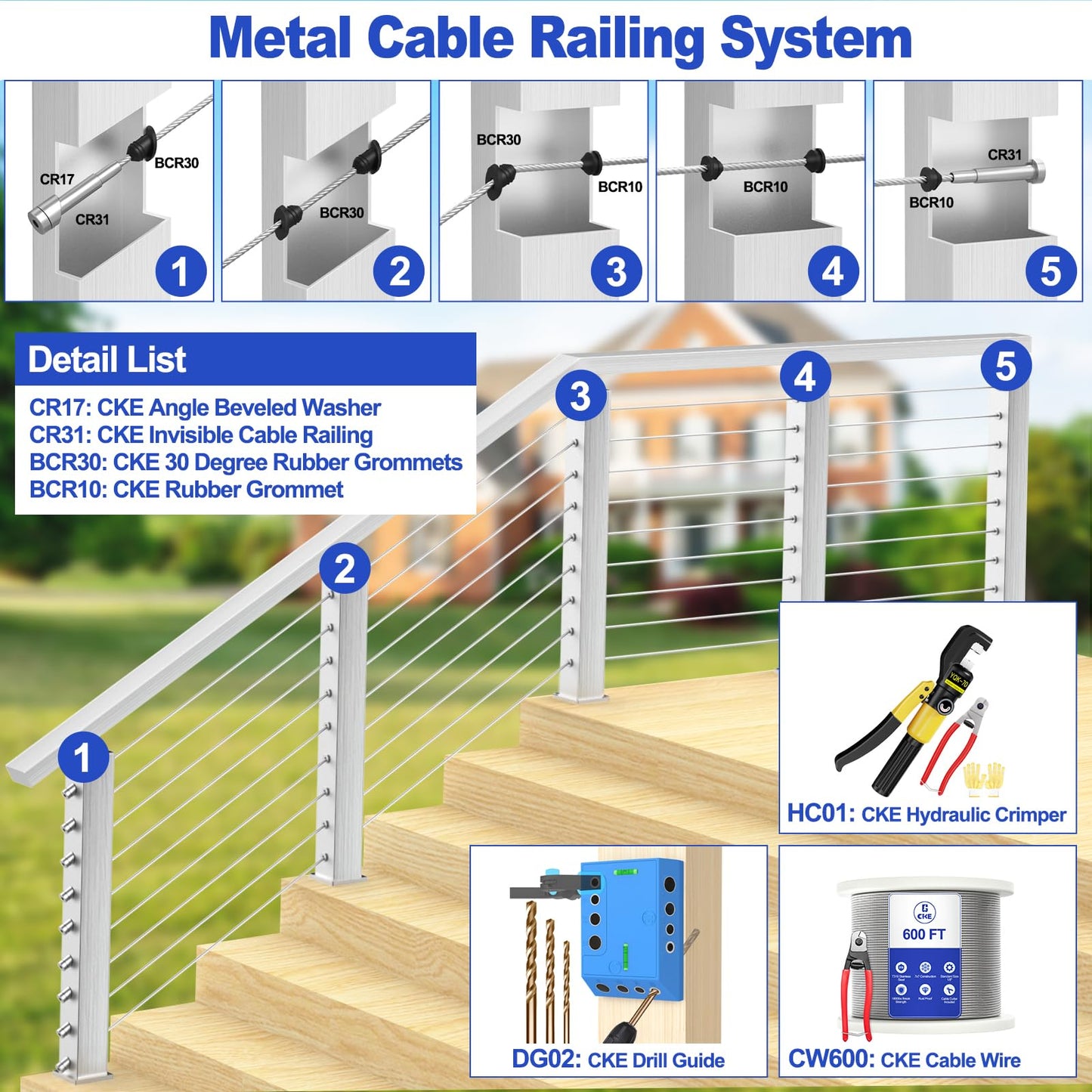 CKE 50 Pack 4"x4" Invisible Cable Railing Kits, T316 Stainless Steel 1/8" Invisible Receiver and Swage Stud End for Deck Cable Railing Hardware Threaded End Fitting for 2x2, 4x4 Wood/Metal Posts, CR31