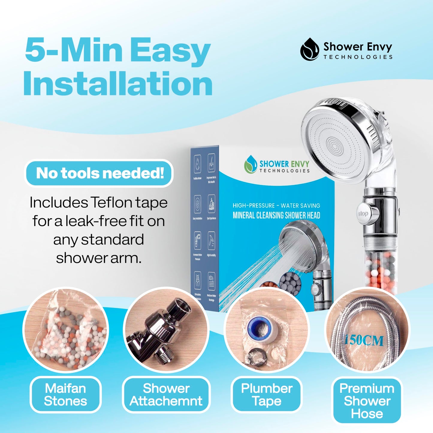 ShowerEnvy High-Pressure Filtered Shower Head – Ionic Beads, 3 Spray Modes, Flow-Pause Lever, Water Softener – Bathroom & RV Essential