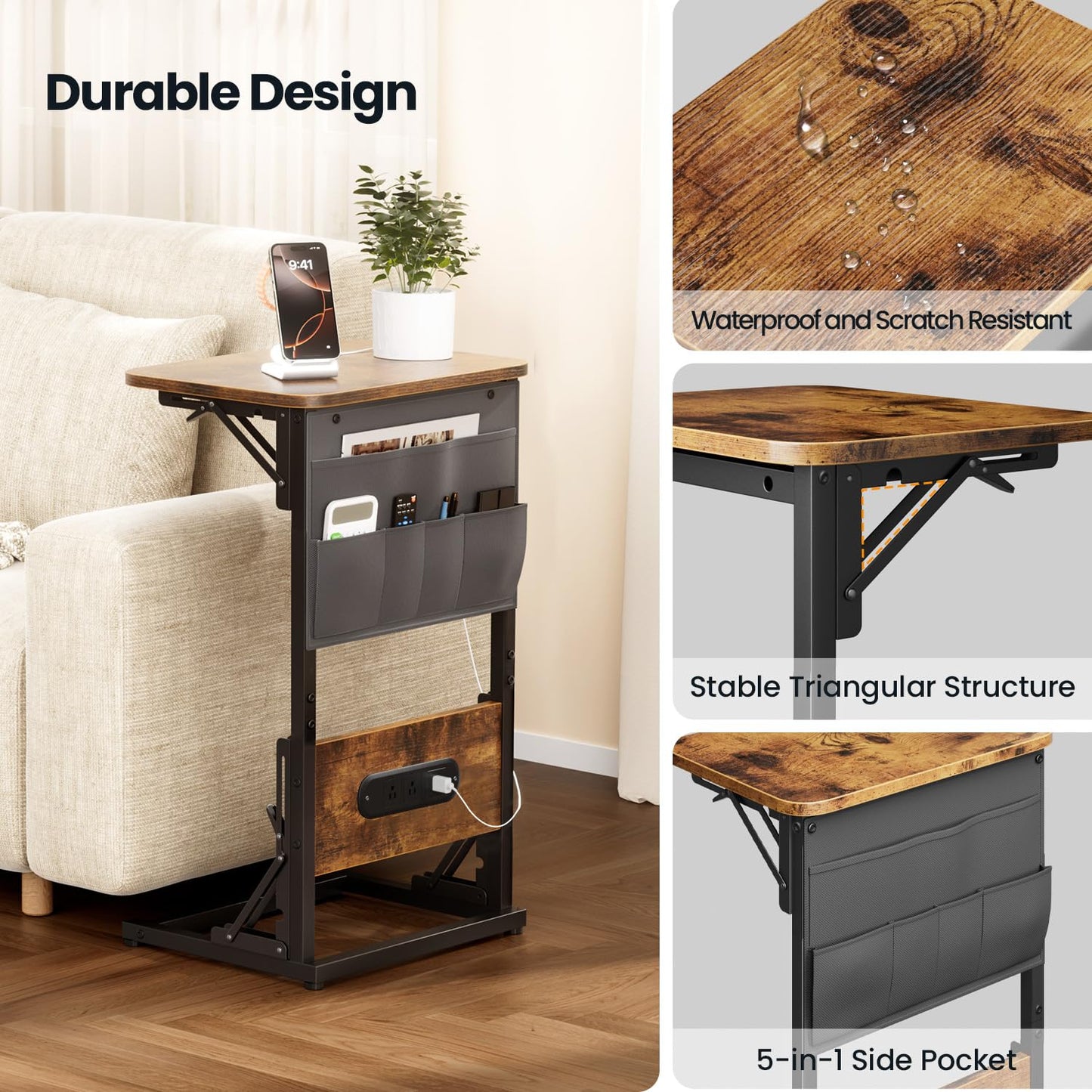 HLDIRECT C Shaped End Table with Charging Station, Couch Side Table with Storage Bag, Foldable TV Tray with 2 USB Ports and Outlets for Living Room, Bedroom, Rustic Brown