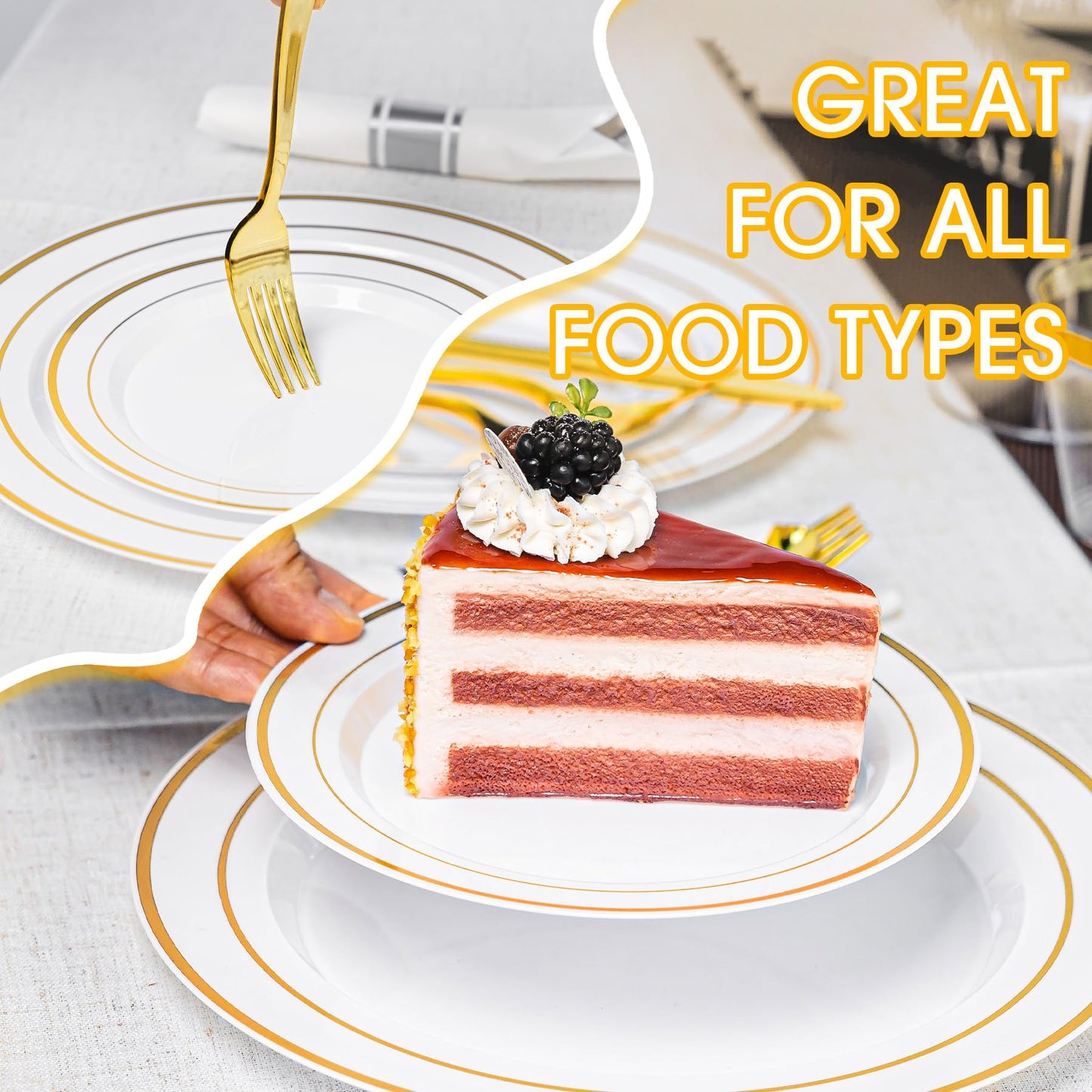 Ciselure 350PCS Gold Plastic Plates Dinnerware Set, Thanksgiving Disposable Plates, 50 Dinner and 50 Dessert Plates, 50 Pre Rolled Napkins with Silverware and 50 Cups for Party and Wedding