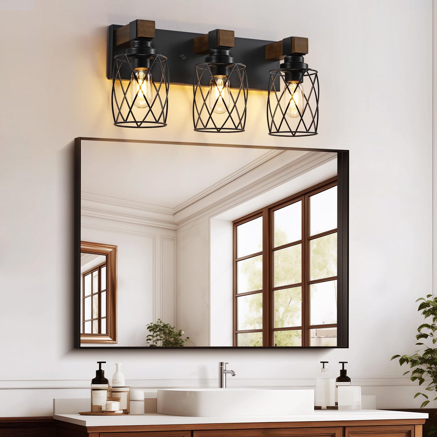 XvmBvm Farmhouse Bathroom Vanity Light, 3-Light Wood Bathroom Light Fixtures Over Mirror, Black Industrial Vanity Lights with Metal Shade, Rustic Bathrooms Lighting for Living Room, Bedroom, Hallway