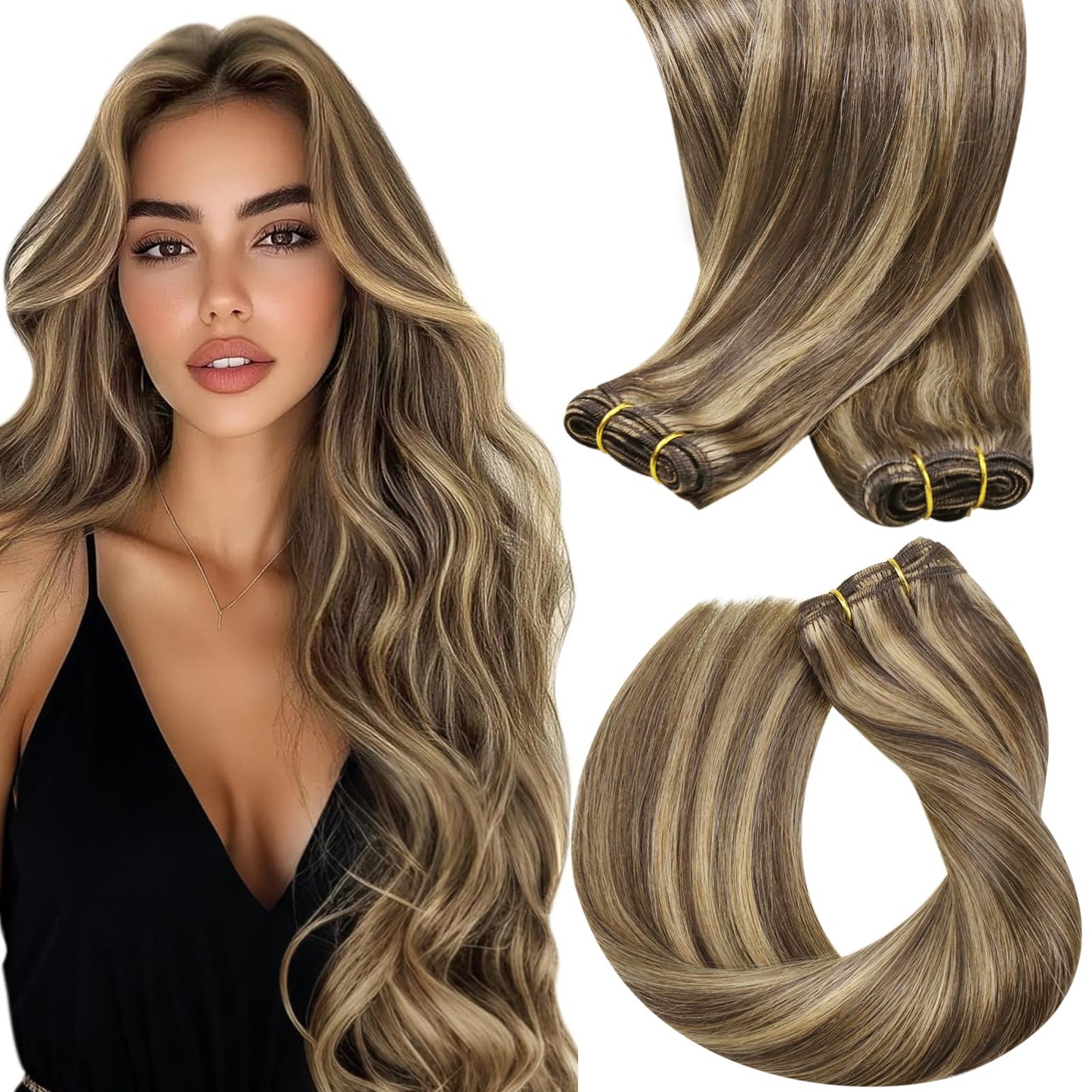 Sunny Weft Hair Extensions Human Hair Brown Sew in Extensions Highlights Hair Wefts Human Hair Sew in Dark Brown Highlights Caramel Blonde Sew in Hair Extensions Real Human Hair 18inch 100g