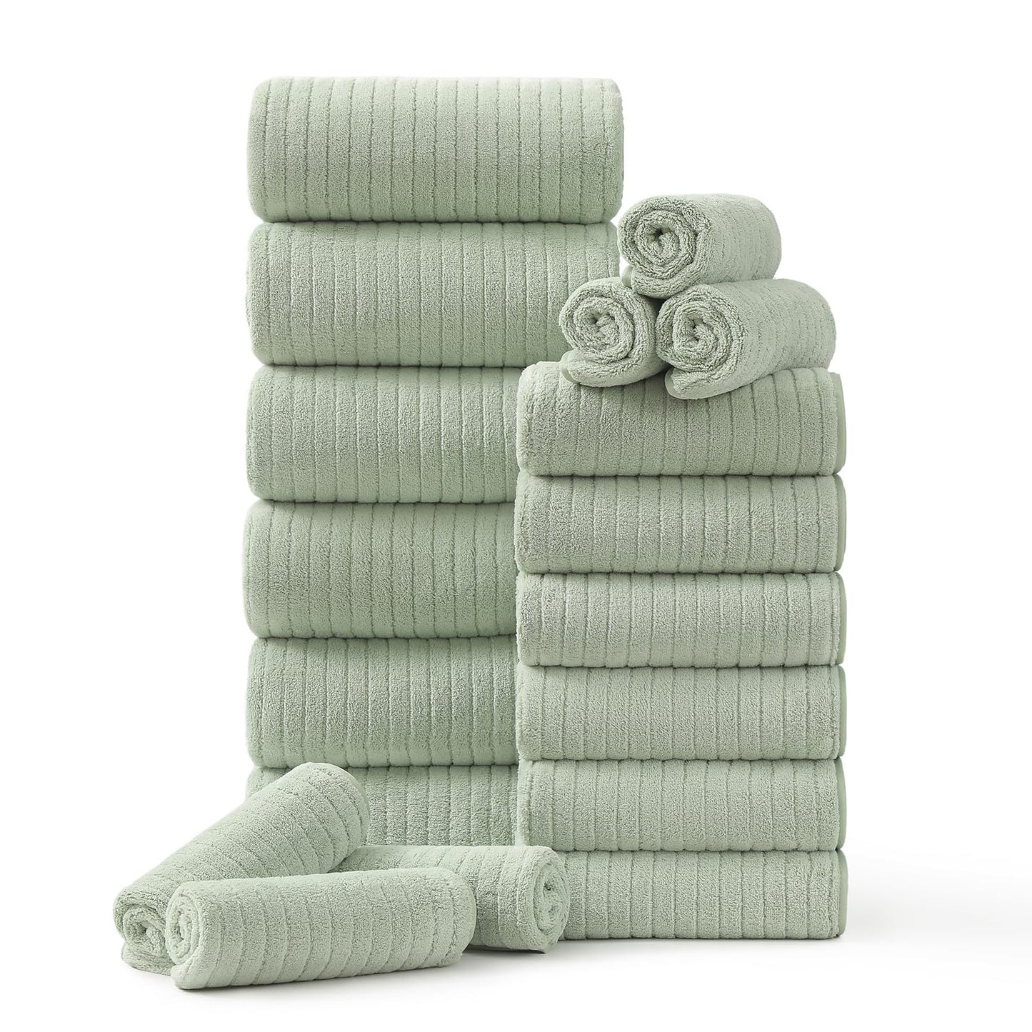 18 Piece Family Bath Towel Set Include 6 Bath Towels,6 Hand Towels and 6 Washcloths Soft Bathroom Towel with Hanging Loops,Highly Absorbent Quick Dry Towels Set for Bathroom,Hotel and Spa-Green