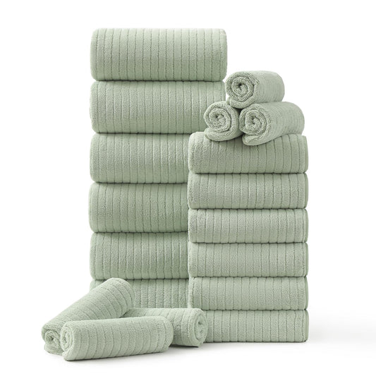 18 Piece Family Bath Towel Set Include 6 Bath Towels,6 Hand Towels and 6 Washcloths Soft Bathroom Towel with Hanging Loops,Highly Absorbent Quick Dry Towels Set for Bathroom,Hotel and Spa-Green