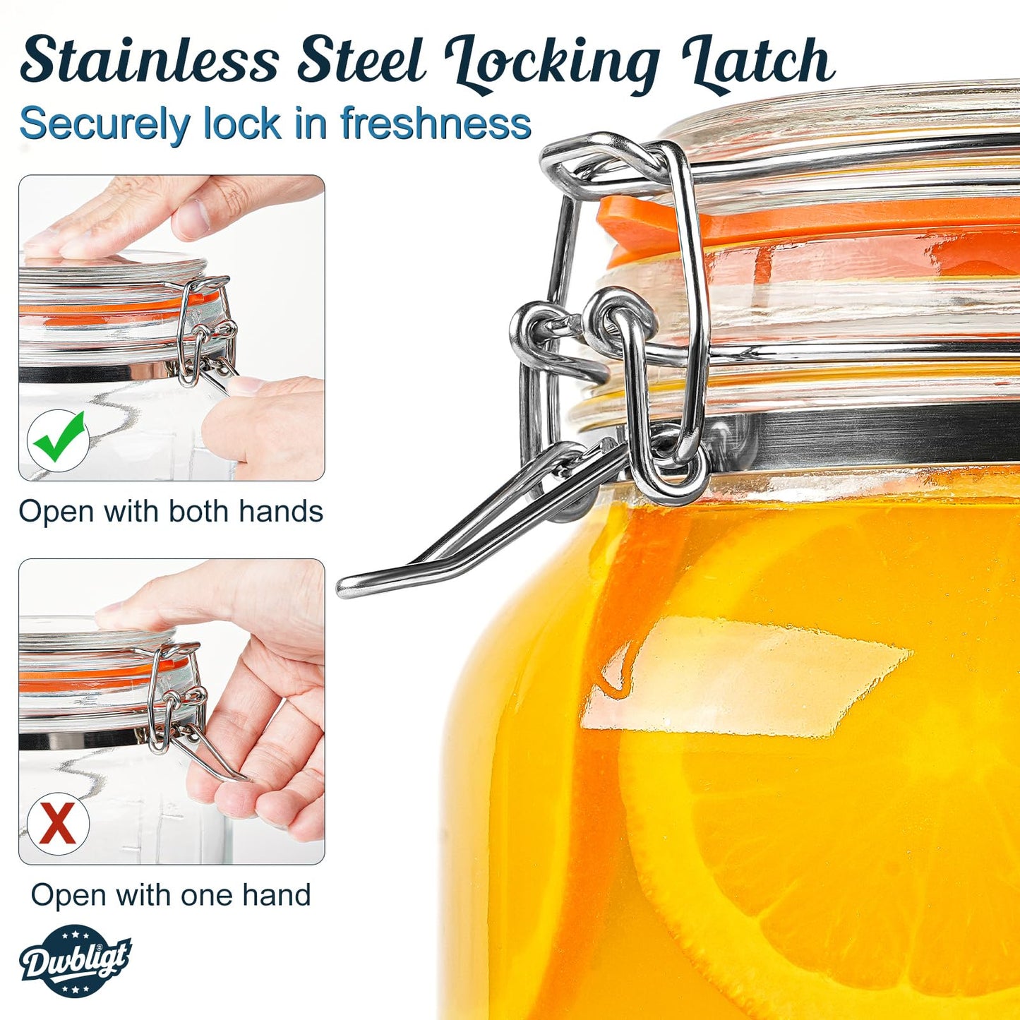 Dwbligt 2 Packs 1 Gallon Glass Jars with Airtight Lids, Wide Mouth Mason Jars with Clip Top & Stainless Steel Handle & Silicone Base, Glass Storage Containers for Kitchen Storage, Pickling-Dual Scale