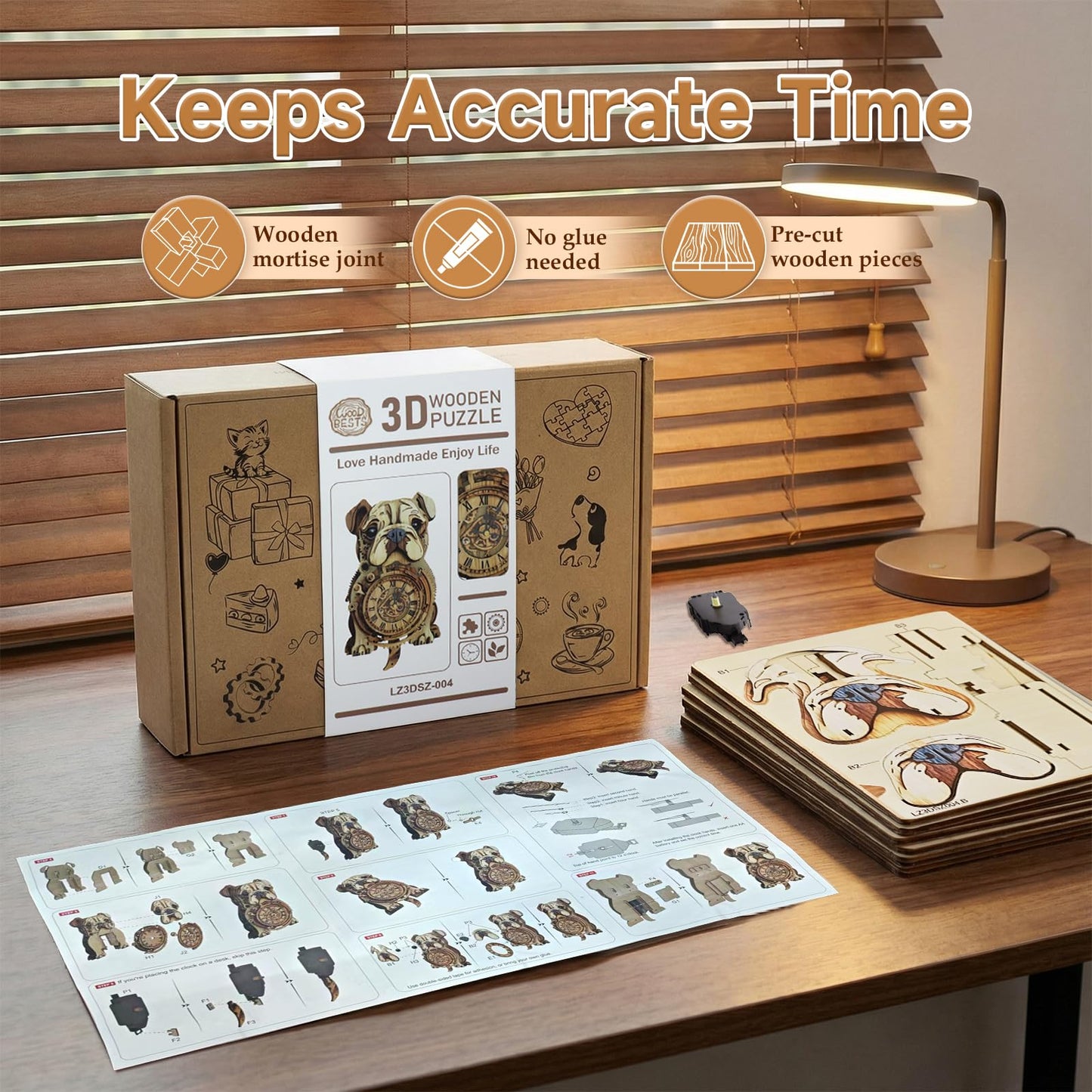 Kosmickiss Wooden Models for Adults to Build-Bulldog Clock with Swinging-3D Wooden Puzzles for Adults-Dog Mom Gifts for Women-DIY Clock Kit