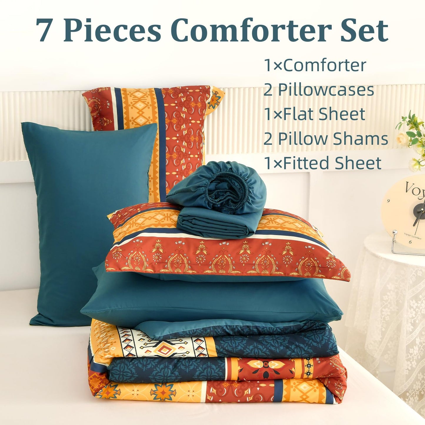 WONGS BEDDING Boho Comforter Set Queen Size,7 Pieces Bed in a Bag Bohemian Striped Bedding Set,Burnt Orange Paisley Floral Comfortet and Sheet Set,Soft Microfiber Bedding Sets for All Season