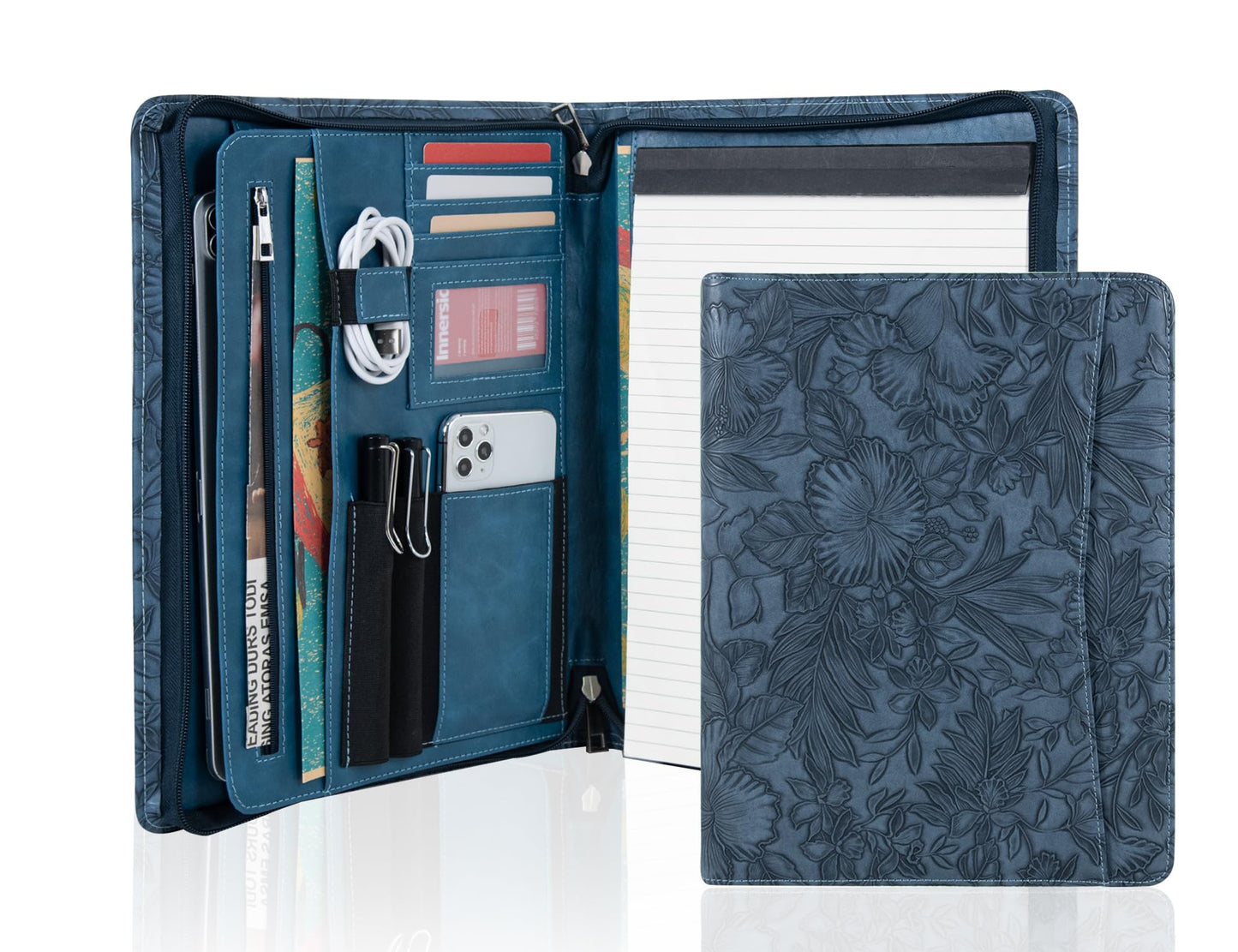 AZXCG Embossed Leather Padfolio for Women, Professional Bussiness Portfolio Organizer with A4 Notepad Holder, Zippered Portfolio Binder Fits 13" Ipad/Tablet,Gift for Women
