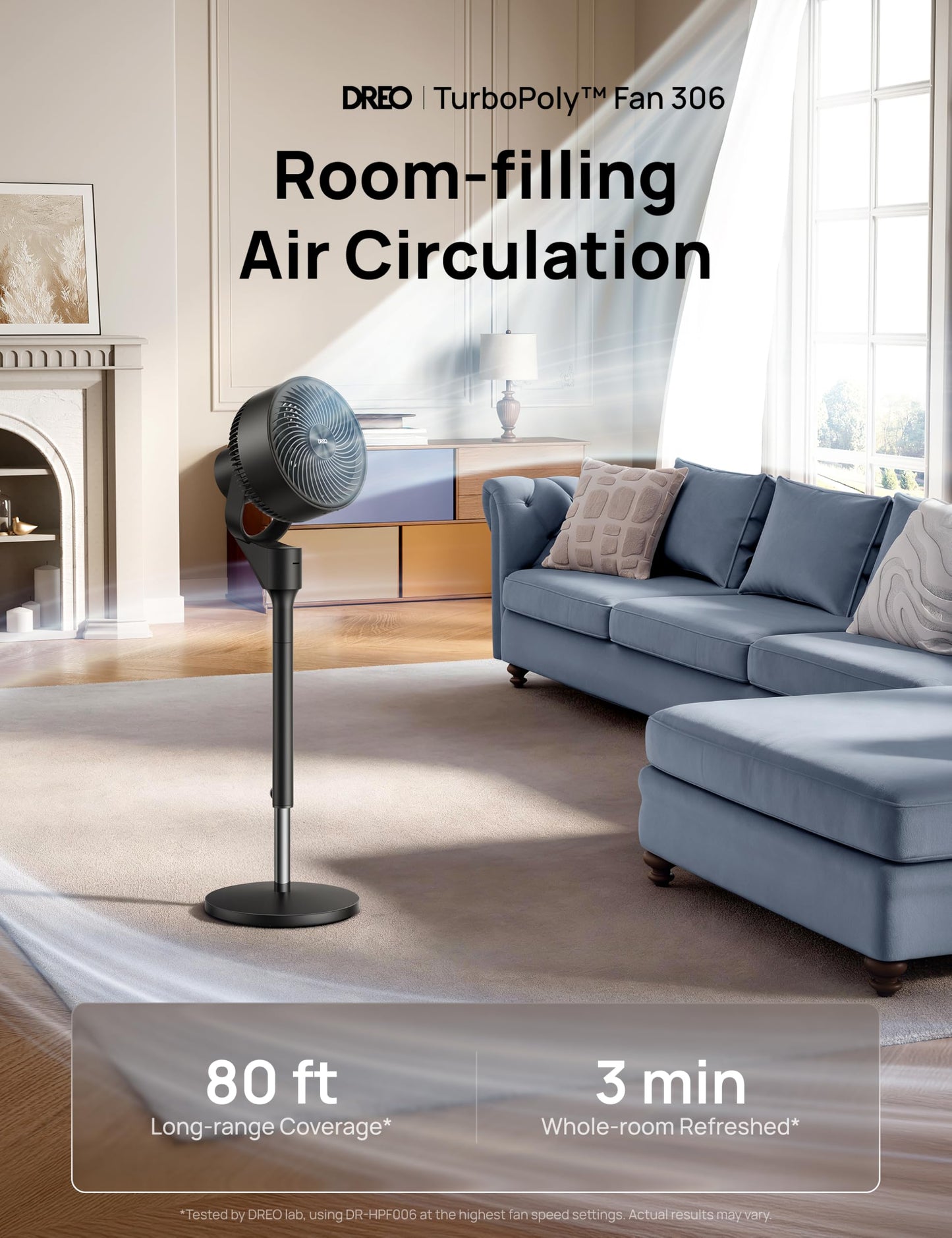DREO Fan for Bedroom, 80° Oscillating Standing Fan, 20dB Quiet, 80ft Pedestal Fans for Home Office, 90° Manual Vertical, 3 Speeds, Remote, 34-41" Adjustable Height, Air Circulator