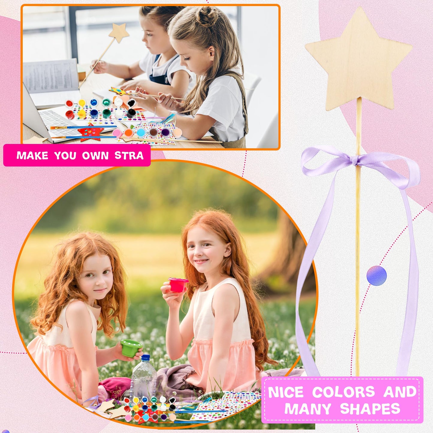 122 Pcs Unfinished Star Princess Fairy Wands Kit Make Your Own Princess Wand DIY Art Craft Magical Wand Include 48 Star Wooden Fairy Wands 24 Gem Stickers 48 Ribbons 12 Markers for Kids Party Supplies