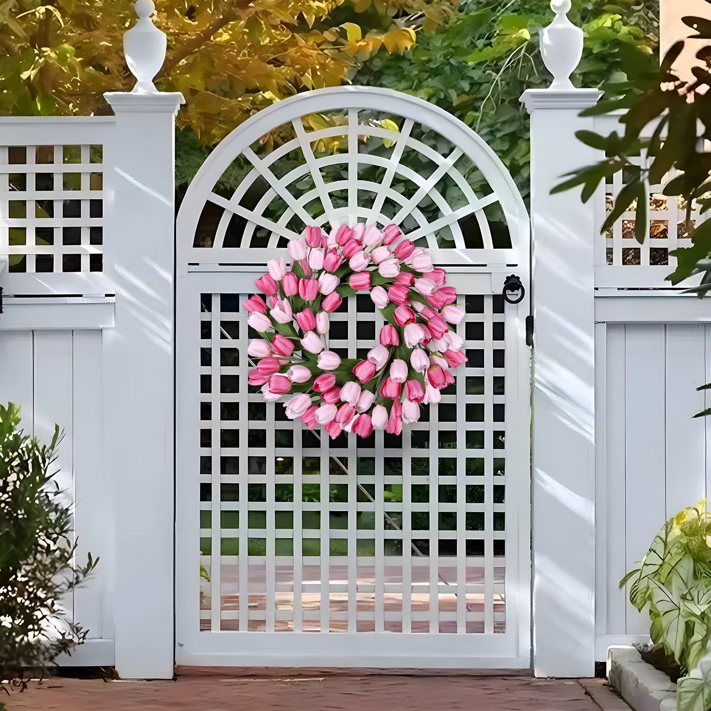 24 Inch Tulip Summer Wreath for Front Door Spring Silk Wreath with Green Leaves Artificial Tulip Flower Wreaths for All Seasons Farmhouse Porch Wall Living Room Home Widding Decor-Red